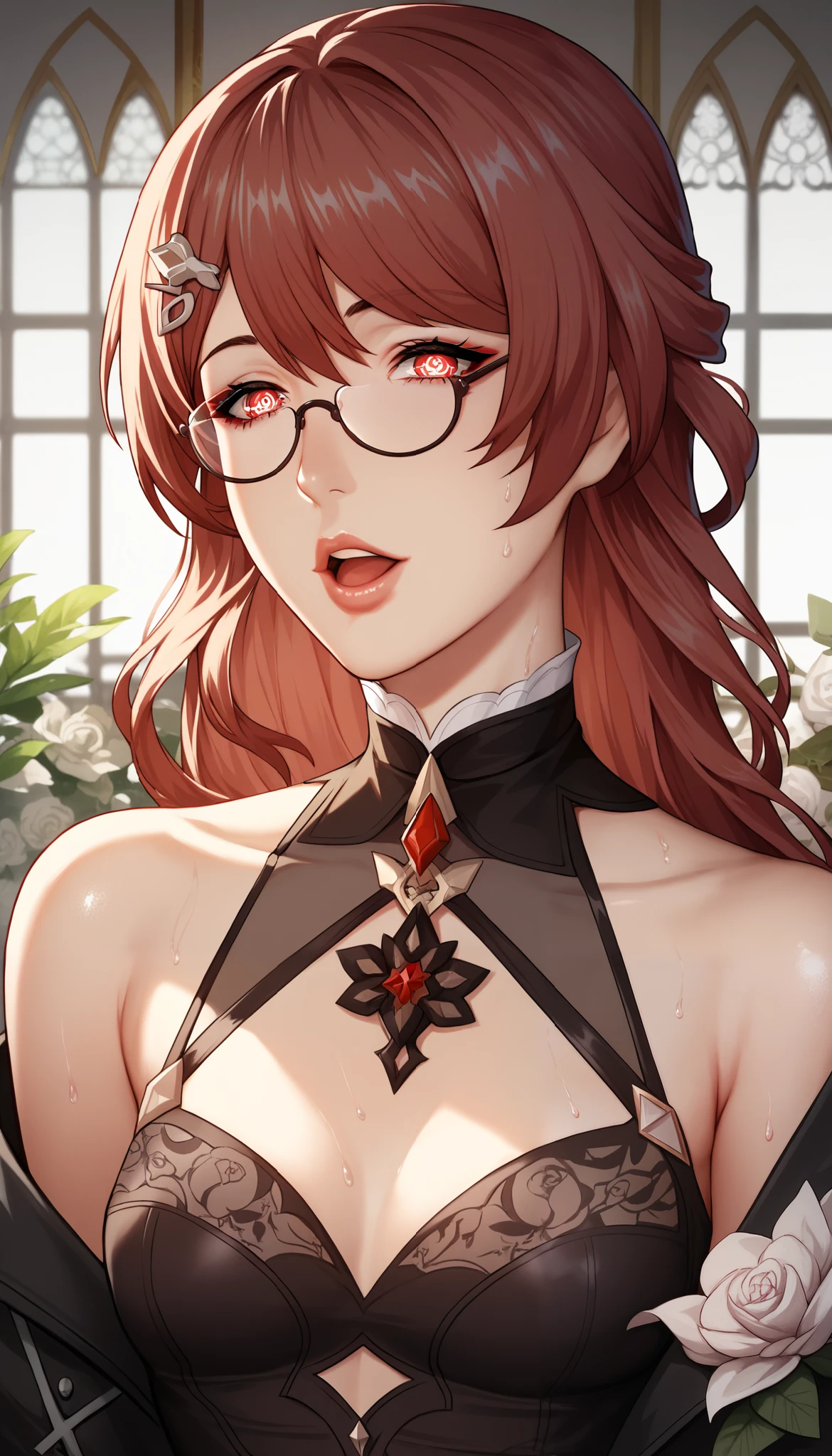 ntr, masterpiece, Adultery, score_9, score_8_up, score_7_up, score_6_superior, source_anime, rating:general, 1 girl, beautiful woman, perfect body, sunburned skin, curvilinear, mature, very small breasts, sweaty, makeup, ( Super Precise Eyes:1.1), Gothic PXL, close one eye, villages with, black coat, viewers, place your hands on your hips,Red Eyes, shiny skin, clavicle, floral print, upper body, lips,bare shoulder, long hair, hair ornament, Chest, popular black coat, knitting glasses, Industrial Park, nail, , hair clip, open your mouth,single knitting glasses, masterpiece, 最high quality, high image quality, newest, ing, zPDXL3, detailxl, score_PnyReal, burgundy hair, Kafka \(honkai star rail with the same leg color\), 8k, high quality, wallpaper