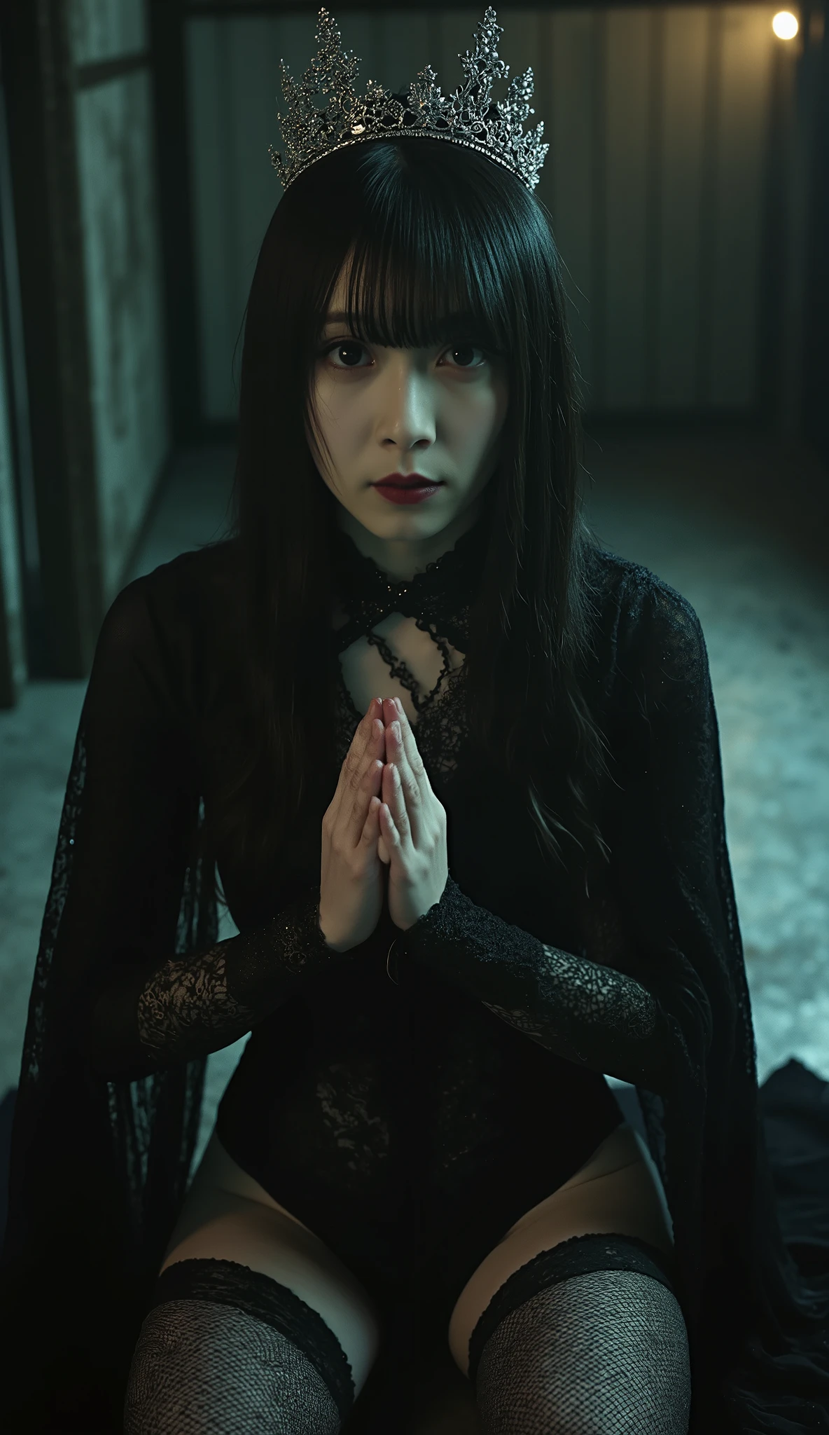 (((Top floor of the Dark Castle:2.0))),((Night Sky with lots of stars twinkling:2.0)),(((Dark horror atmosphere with a gothic feel:2.0))),(((A glamorous shot of a 20-year-old Japanese woman lifting a shiny copper sword with both hands:2.0))),sitting upright ,((Sitting and praying:2.0)),One female ghost,((super cute face:2.0)),(Beautiful well-balanced face :2.0),((long hair with bangs:2.0)),(black hair:1.5),(beautiful eyes:1.5),A glamorous shot of a 20-year-old Japanese woman, Slender Beautiful Body ,((model body type:2.0)),((slim body:1.7)),perfect body line,Ideal Proportions,((big on the floor:2.0)),((スリーサイズ90-58-86:2.0)),((G cup breasts:2.0)),( popup:1.7),((((Underboob:2.0)))),Bare thighs,Sensual Thighs,delicate body,(Glutinous Flesh:1.7),harmonious posture,((Realistic breast depiction :1.7)),Carefully depicting limbs based on perfect anatomy,((super high-leg leotard in the style of the king of darkness with a copper sword:2.0)),((Super High Leg Leotard made of fitted lace:2.0)),((A long embroidered cloak with an open front over a hi-leg leotard:2.0)),(Black lipstick:2.0),((((Coarse mesh fishnet stockings:2.0)))),(((Copper crown:2.0))),concept art,(top quality:2.0),(masterpiece:2.0),((超high definition:2.0)),high definition,UHD,(Delicate Description), carefully drawn with butterfly wings ,32k,((realistic skin texture:1.5)),(((ultra-realistic:1.5))),carefully draw eyelashes,very detailed face,Highly detailed female hand, Sexy appearance ,very sensual,(Blurry Dim Backgrounds :1.5),professional photo shoot,(movie light:2.0),((Rembrandt-style lights:2.0)