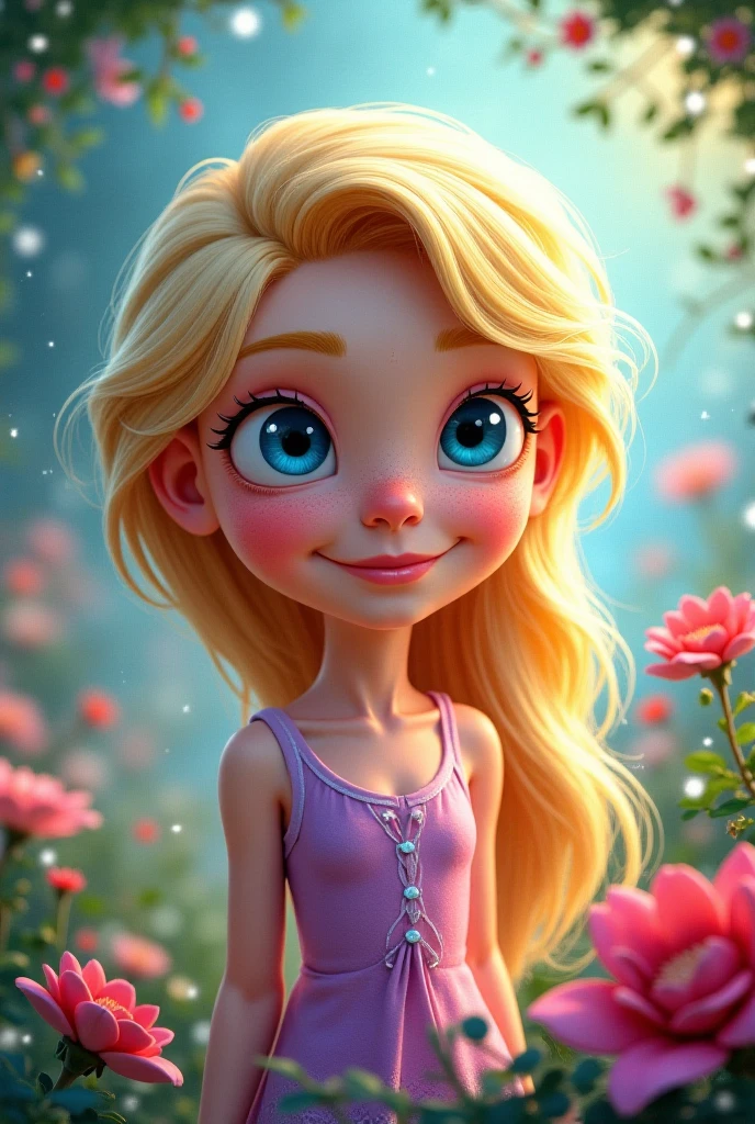 Create a Brazilian 3D character, blonde, light brown cor, with light brown eyes, lilac dress and medium hair