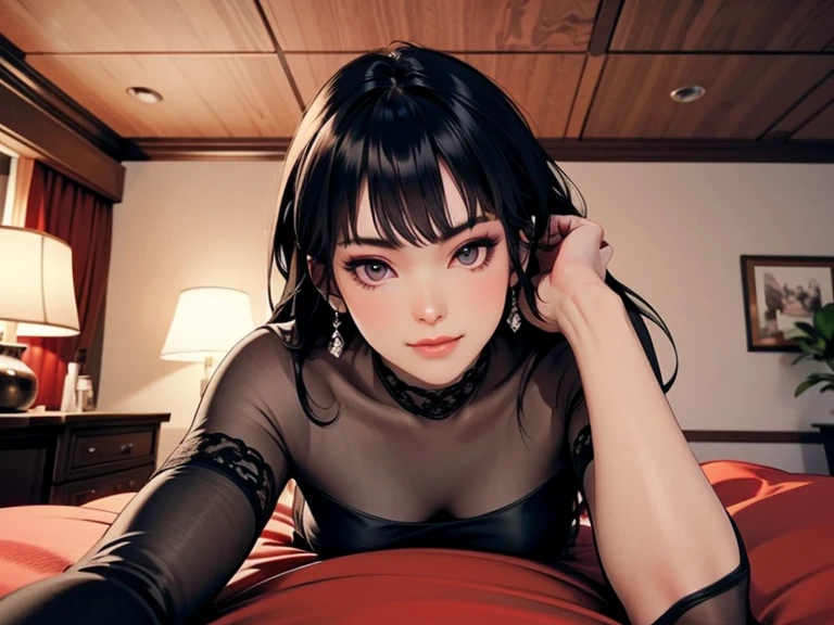 A Cute Girl with white skin, sexy young body, size (small), chubby, short hair (up to the shoulders) red and wavy [with black tones], shades of red [bright], bbwchan, big breasts, simple black clothes, round face, sitting, realistic lighting, Radiosity, in a room, Close Up.