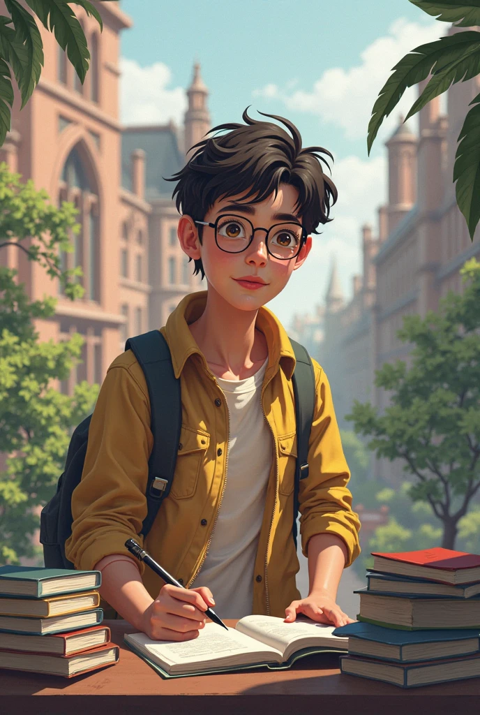 A boy stand with a budle of books kept near to him