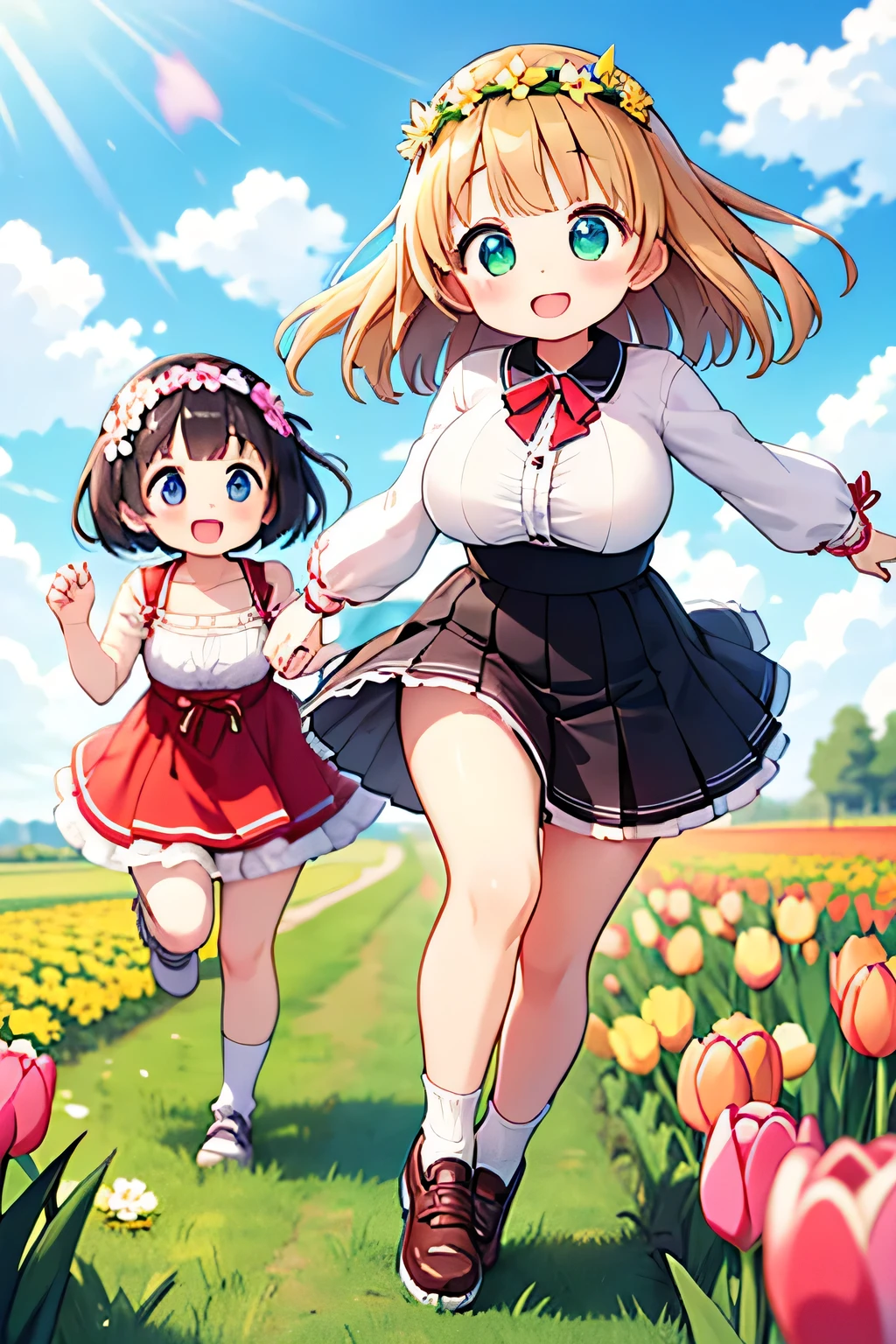 top quality、high definition、(high image quality:1.4)、masterpiece、detailed background、(very detailed face:1.3)、(detailed eyes:1.3)、age beauty、huge breasts、(Normal number of fingers:1.4)、anatomically correct、perfect body line、In the Sun、Spring light and flowers々Wrapped in、Innocent and adorable 、春の陽だまりWrapped inチューリップ畑、Soft wind shakes the petals and colorful tulips smile gently、Her hair shakes lightly in the wind、big smiles、
(Two girls running around happily with a flower crown on their heads:1.5)、pink, yellow, and red tulips sway as she moves、It's like dancing together、The skirt spreads softly and the light gently shines through the lace hem、The scent of a flower field drifts softly every time she gently kicks the soil underfoot、smile lightly while holding down the corolla with both hands so that it doesn't shift、A slight warmth of spring shines on her cheeks and is surrounded by tulips、Adorable like a fairy in a fairy tale、
fluffy puff Light cream blouse with sleeves and small frills、Tulip pink flare skirt made of light material that swings in the wind、Beige strap shoes with a small ribbon、Natural semi-long with gentle waves that flutter in the wind、Tulip corolla with small white flowers and green leaves as an accent、cute