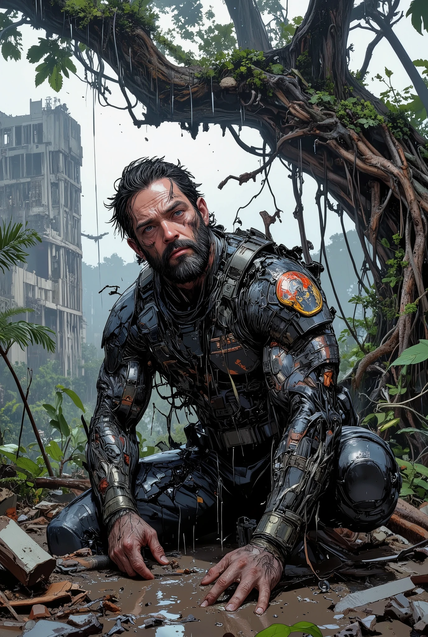 a powerful middle-aged special forces man, in a cool black broken military armor, struck by a mysterious force, pinned to the ground, torture,pose,wet black hair, short black beard, suspicious gestures, looks at the gloomy heavy sky, tired dirty and wet face, left hand touches the ground, right hand holds a knee, tropical rainstorm, wet jungle, ornamentation, giant tree, ruins of buildings, view from a height, diagonal angle, dramatic shot, suffering, destruction, longing, high detail, cinematic shot, blockbuster, science fiction, cyber-punk, cyber-futurism, 64K resolution