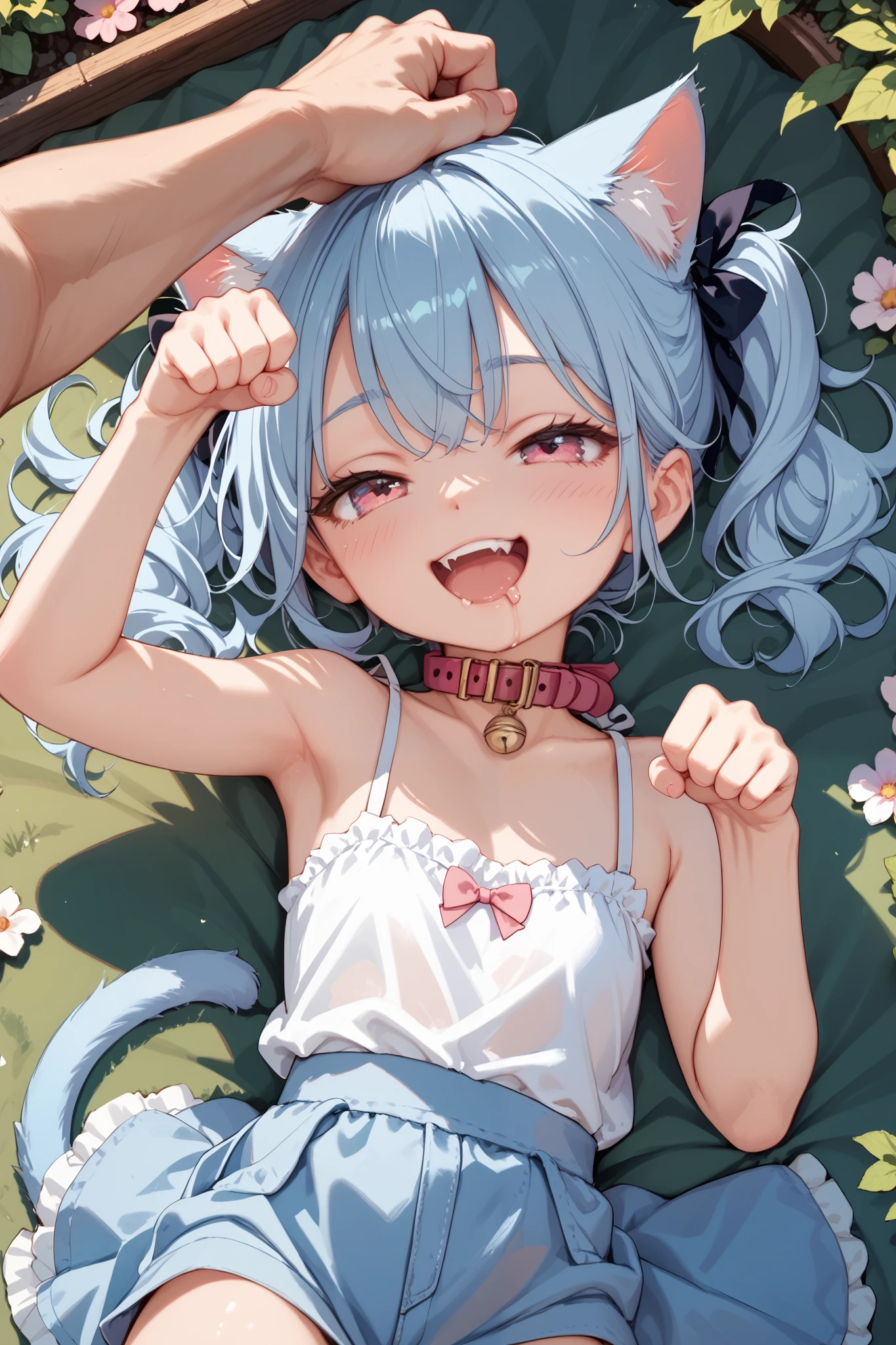 garden,blue hair,pink eye,collar,cat ears,cat tails,petite girl,paw pose,on back,happy,from above,(drooling),half closed eyes,headpat,