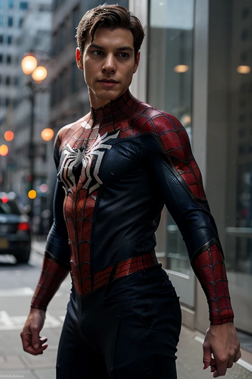 A sexy Jamie Dornan in a tight spiderman costume,highly detailed, photorealistic, dynamic pose, bulging muscles, dramatic lighting, cinematic angle, vivid colors, chiaroscuro, (best quality,8k,highres,masterpiece:1.2),ultra-detailed,(realistic,photorealistic,photo-realistic:1.37),cinematic,dramatic,hyper-detailed