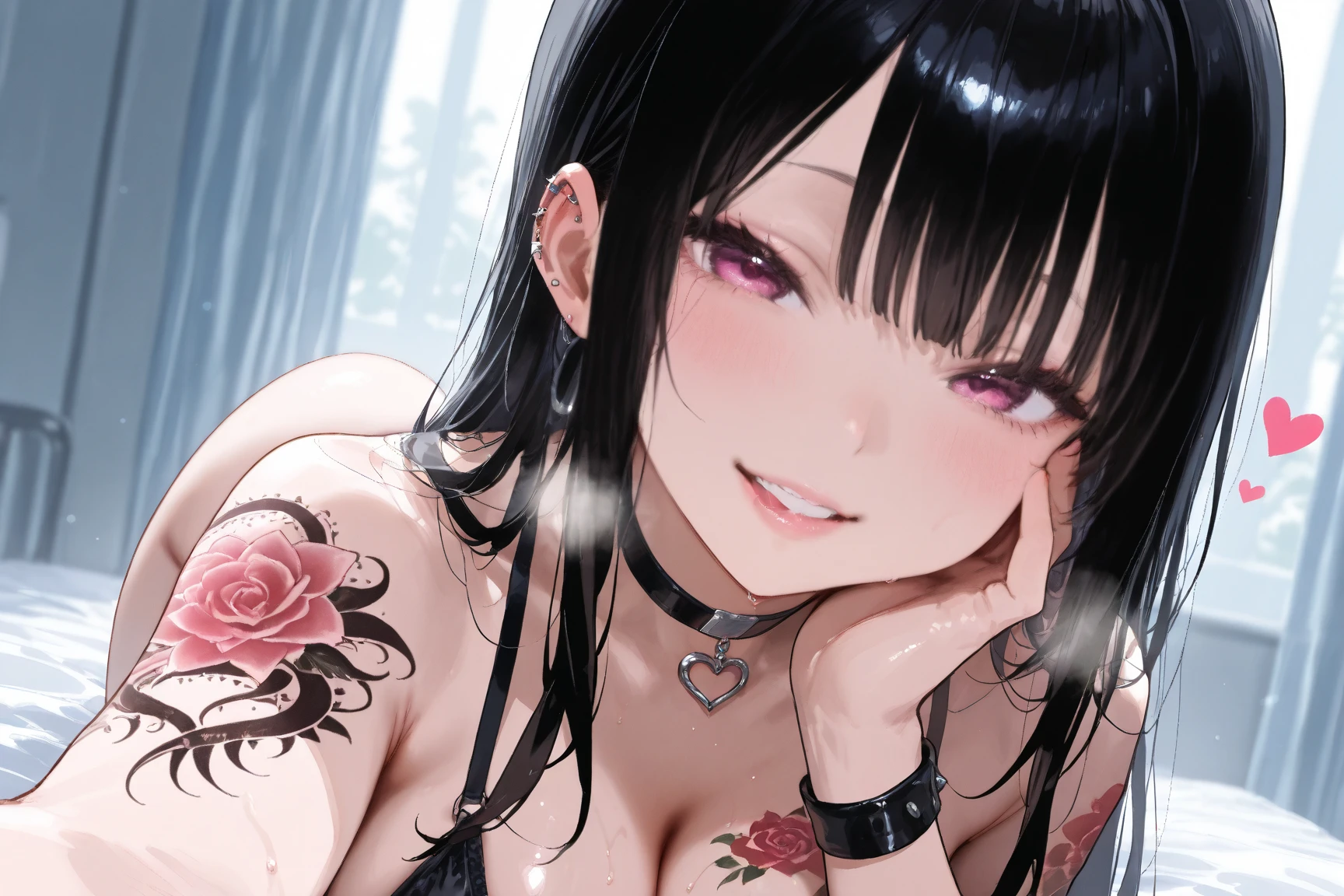 16K Ultra High Definition Top Quality Glamorous Fox Girl、ultra gigantic tits、Super big ass、Super Detail Super Real Body。Daupharsal Makeup、Very long lashes、There is a red heart symbol in the pupil。Lots of sweat、The body is wet with sweat。Two white fox ears、Glossy detailed hair texture、White and black mesh long beautiful hair sly smile cute fangs and pink tongue.She wears a black hakama with the costume of a shrine priestess.、Wearing sexy white and red Japanese style clothes with protruding shoulders、Obi knot in front。There is a large ribbon in the knot.。Licking fingers。Nine thick white tails extending from the tailbone Bewitching smoke covering the surroundings The background is a fantastic futon in a Japanese-style room at night where you can see the moon from the window She sleeping on a futon。Sexy pose with big buttocks on all fours、Tattoo of the heart symbol on the lower back and buttocks