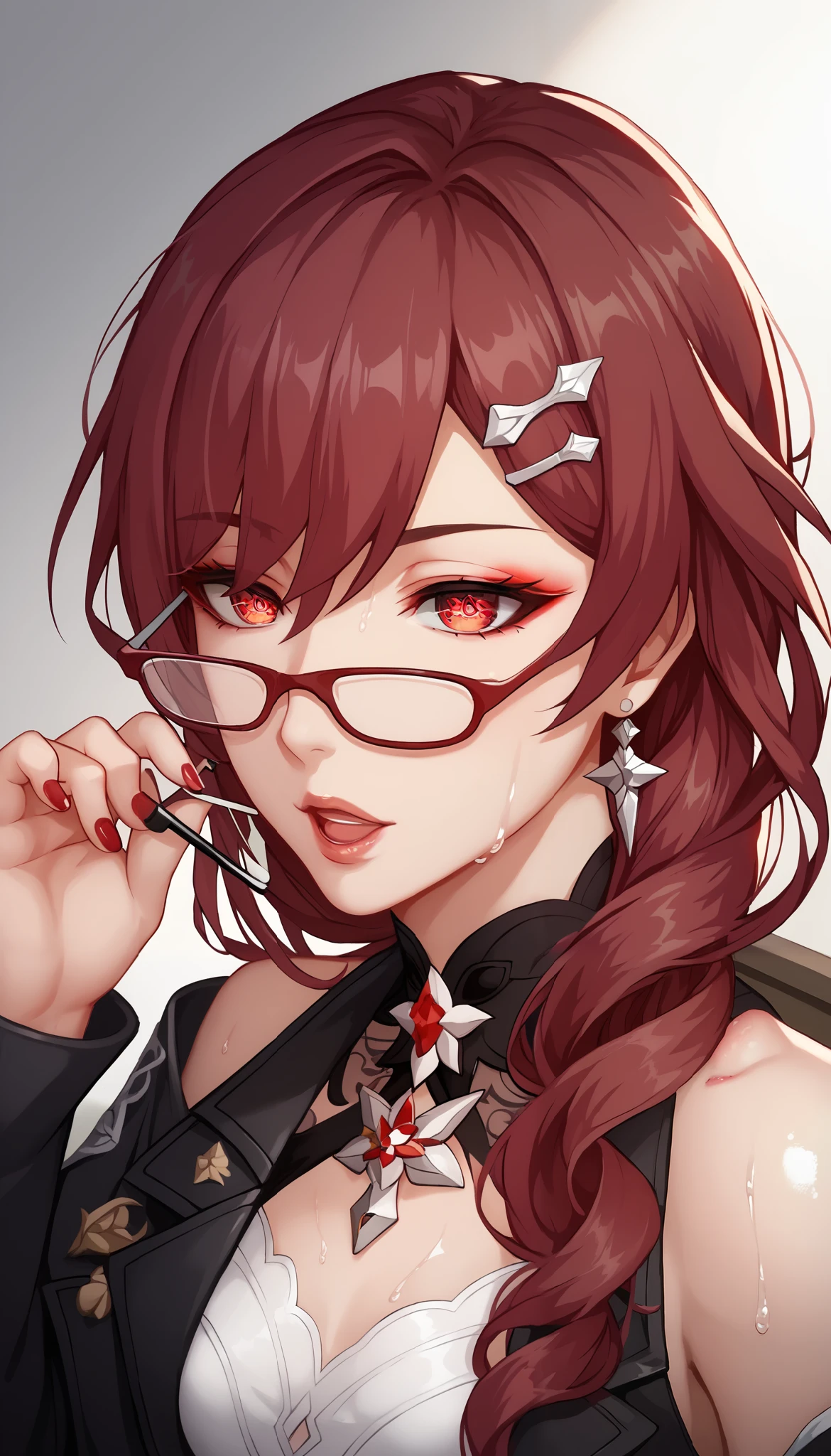 ntr, masterpiece, Adultery, score_9, score_8_up, score_7_up, score_6_superior, source_anime, rating:general, 1 girl, beautiful woman, perfect body, sunburned skin, curvilinear, mature, very small breasts, sweaty, makeup, ( Super Precise Eyes:1.1), Gothic PXL, close one eye, villages with, black coat, viewers, place your hands on your hips,Red Eyes,  shiny skin, clavicle, floral print, upper body, lips,bare shoulder, long hair, hair ornament, Chest,   popular black coat, knitting glasses,  Industrial Park, nail, , hair clip, open your mouth,single knitting glasses, masterpiece, 最high quality, high image quality, newest, ing, zPDXL3, detailxl,  score_PnyReal, burgundy hair,  Kafka \(honkai star rail with the same leg color\), 8k, high quality, wallpaper
