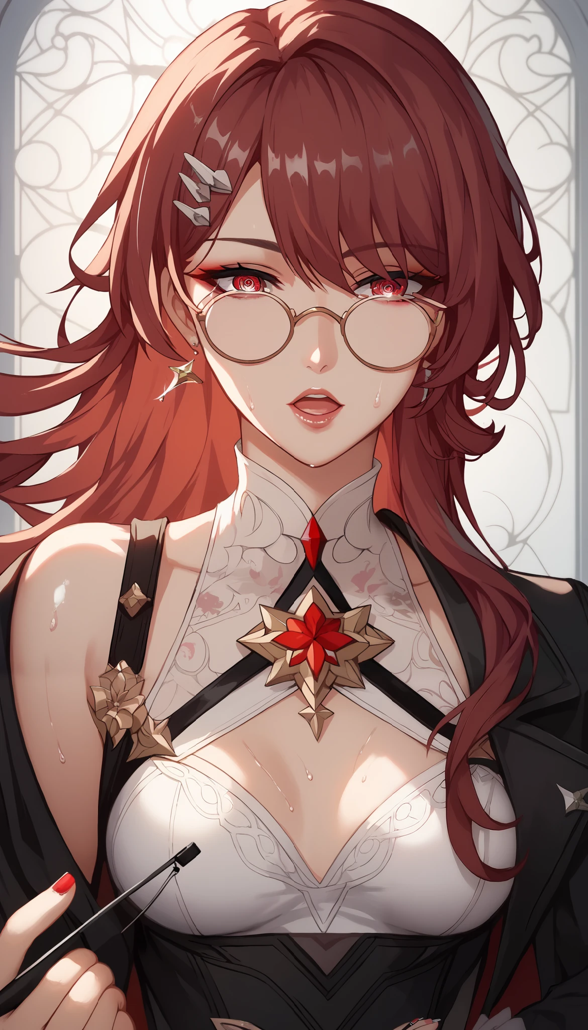 ntr, masterpiece, Adultery, score_9, score_8_up, score_7_up, score_6_superior, source_anime, rating:general, 1 girl, beautiful woman, perfect body, sunburned skin, curvilinear, mature, very small breasts, sweaty, makeup, ( Super Precise Eyes:1.1), Gothic PXL, close one eye, villages with, black coat, viewers, place your hands on your hips,Red Eyes, shiny skin, clavicle, floral print, upper body, lips,bare shoulder, long hair, hair ornament, Chest, popular black coat, knitting glasses, Industrial Park, nail, , hair clip, open your mouth,single knitting glasses, masterpiece, 最high quality, high image quality, newest, ing, zPDXL3, detailxl, score_PnyReal, burgundy hair, Kafka \(honkai star rail with the same leg color\), 8k, high quality, wallpaper