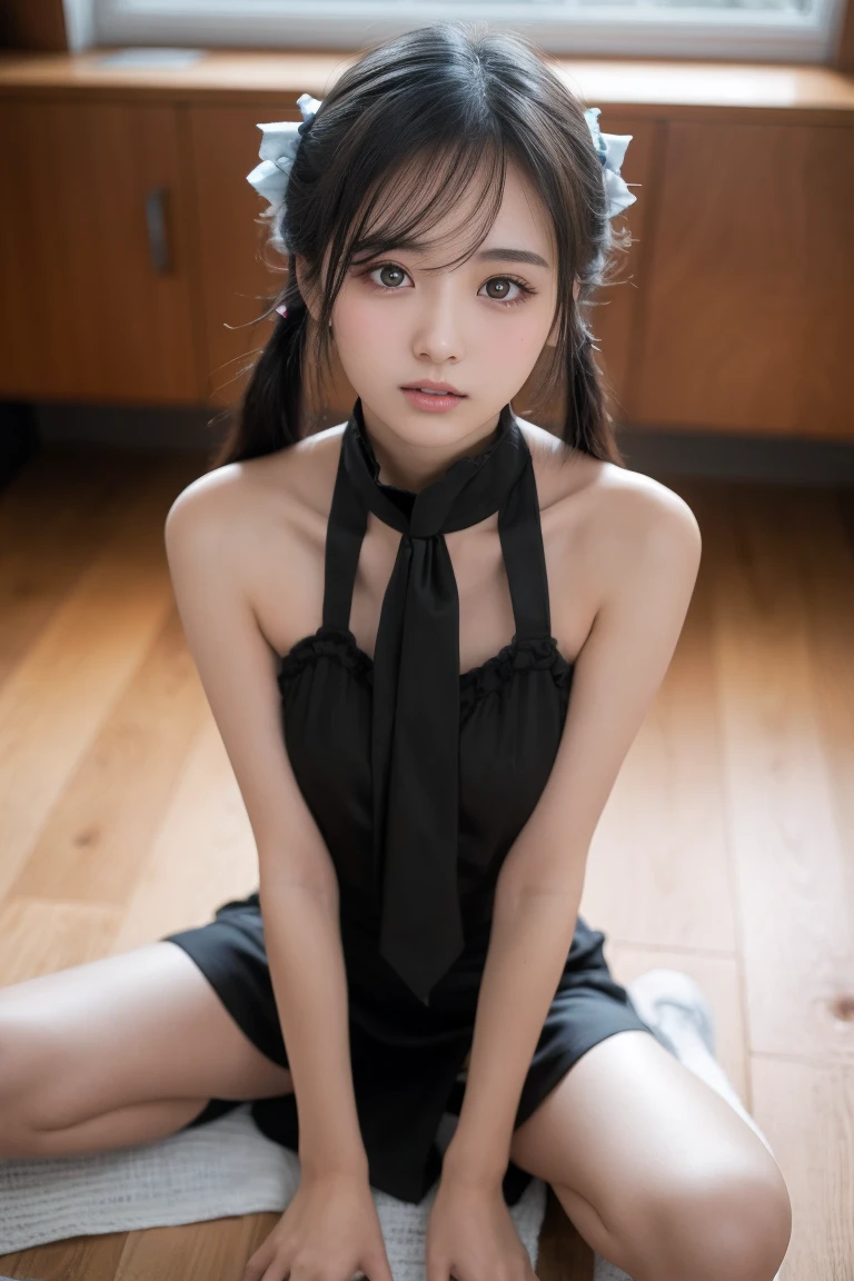Beautiful woman looking at camera, very sexy maid costume, detailed photo, petite person, (slim, small, flat, small), sexy pose, wet body, soaked, 10 year old girl, sexual expression, wet body, short hair, kneeling, from above, slender, delicate and sexy collarbone, on all fours, upper horn: 1.5, palm on the floor, very sexy Akihabara maid outfit, no shoulder straps, sucking on her own fingers,