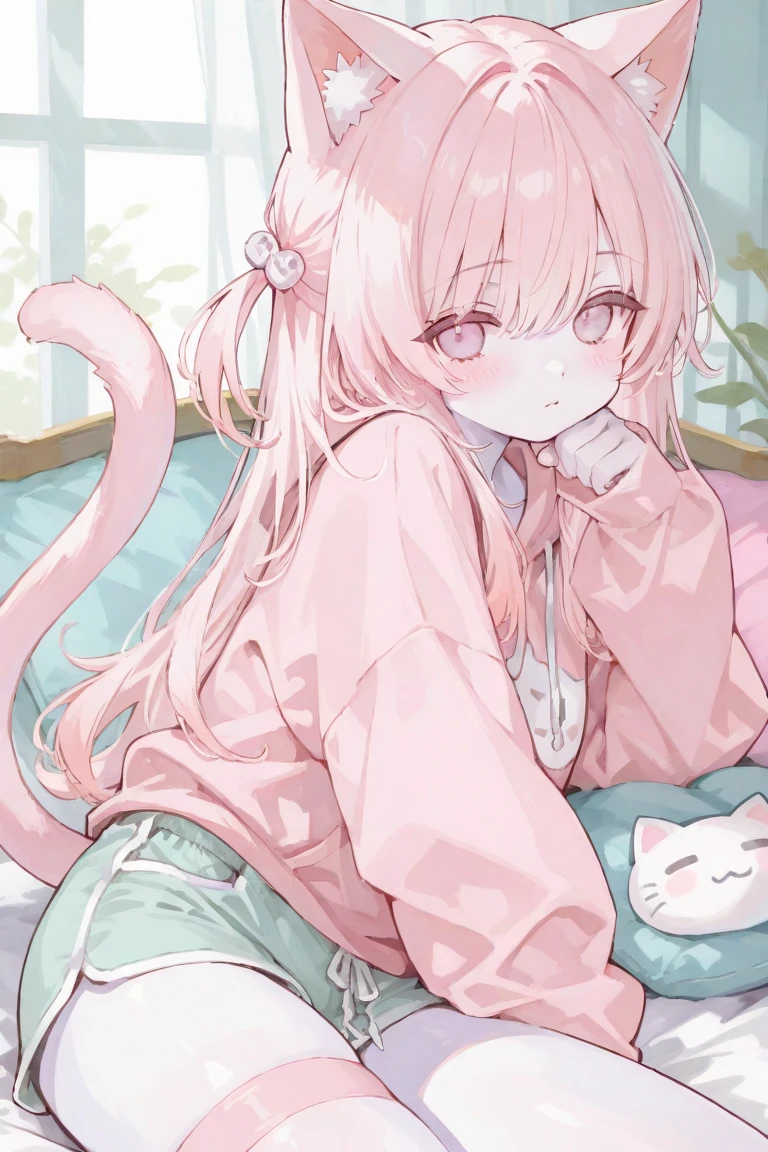 masterpiece, top quality, super detail, wallpaper, break, 16 years old, cat ears, pink hair, big eyes, long eyelashes, mouth closed, break, white t-shirt, white panties, break, cat stretch pose, break, background, plush bed, break,