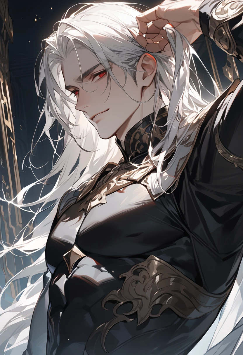 man, Long hair, Ponytail, White hair, blue eyes, Glowing eyes, Blue Halo,Red Halo, Handsome, high quality, sword, Gray scapula