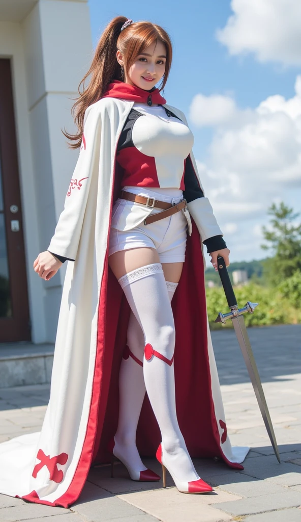 Young woman, White dress, red cloth, (red hair, long hair, long hairมาก), (Huge breasts, big breast, Breast augmentation), (small waist, thin body), (majestic, Charming Succubus), (Short white dress, tight fitting, gold pattern), (Red coat, Cloak of Float), (Low-angle shots, Walking posture), (sky backdrop, cliff, meadow), (holding a wizard&#39;s long staff)