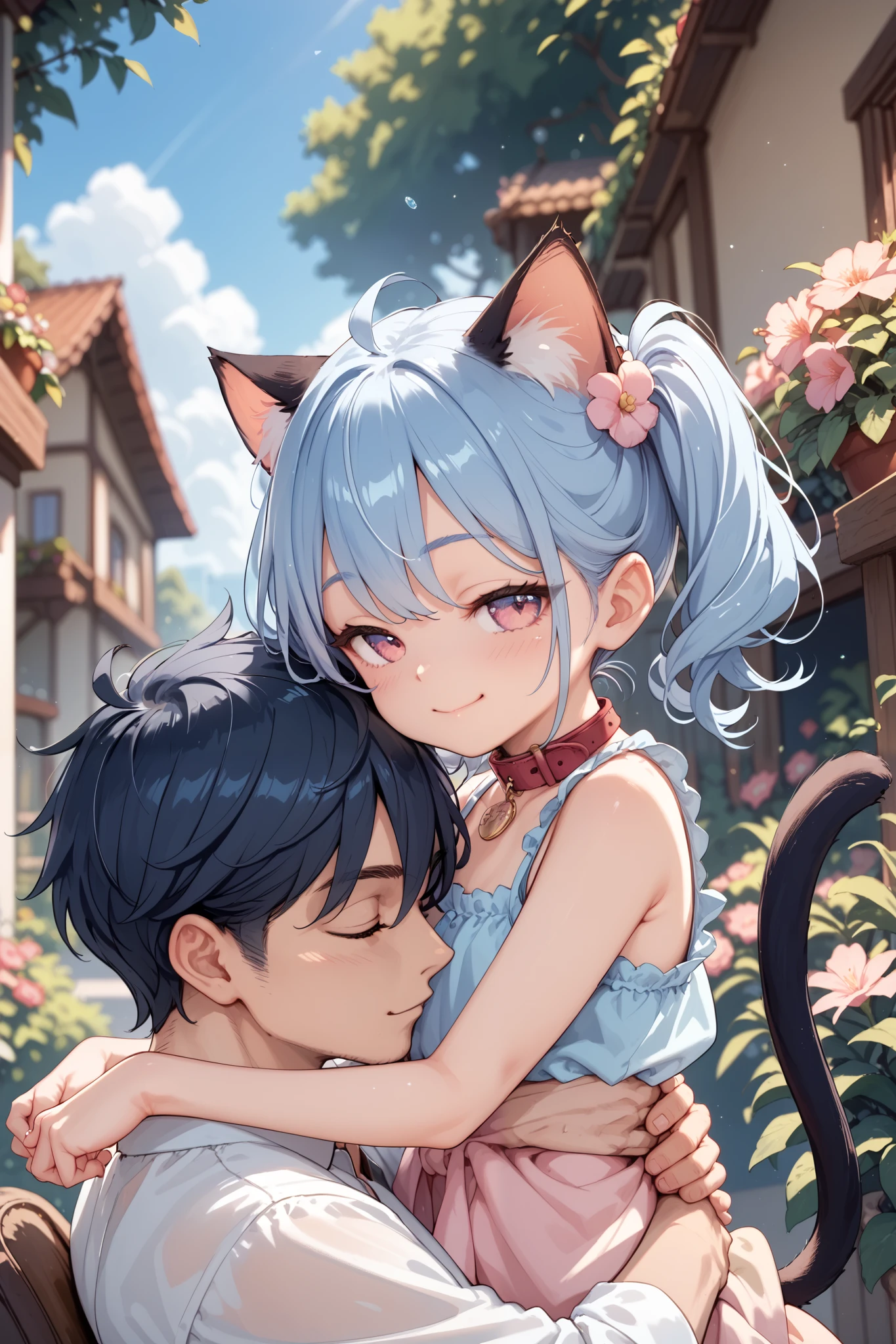 garden,blue hair,pink eye,collar,cat ears,cat tails,petite girl,paw pose,happy,from side,half closed eyes,1boy,supright straddle,closed mouth, arms around waist