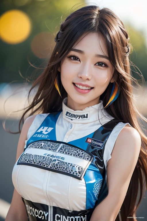 Highly detailed CG Unity 8K wallpaper, highest quality, Super detailed, masterpiece, realistic, photo realistic, Highly detailed cute girl, 25 years old, (whole bodyからつま先まで:1.2、(whole body)、(whole body to toes)、(shot from the side:1.2)、(sitting on the hood of a car)、(lace queen)、(sexy pose),(model pose)、(big breasts)、(big ass)、(smile at the camera)、( smile ),(whole bodyショット:1.2) ,(Side view:1.2)、(side shot:1.2)、(ponytail)、(photorealistic:1.3)、(Sponsored and wearing grid girl costume'logo is printed.:1.3), (shorts) , (sitting in a motorsport race),