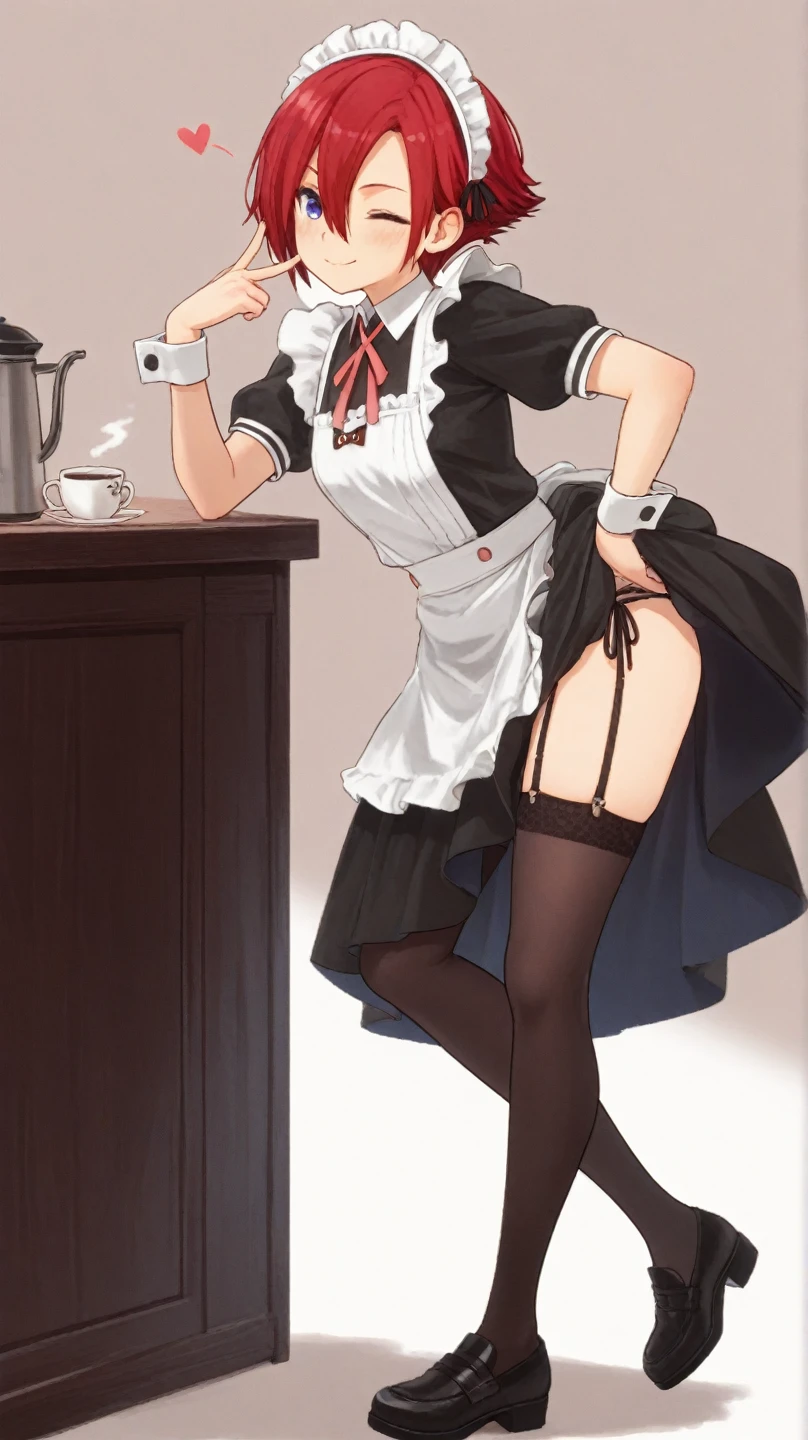 Beautiful woman standing with her legs open, dressed as a maid, ((dynamic pose))), reclining on a table, taking back, taking back, showing her ass, Pantyhose drooping, long and slender legs, (beautiful round tail), (narrow waist). NSFW. pulling out ass, pantyhose at half height