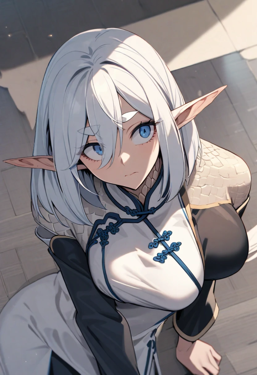 masterpiece, best quality, mature woman, elf, dark skin, gray hair, ponytail, smiling, beautiful breasts, exposed thighs, short black dress, exposed shoulders, belt, fur gloves, thigh-high boots, dynamic pose, in a stone dungeon, dark, dark, night setting, moon, fantasy, medieval.