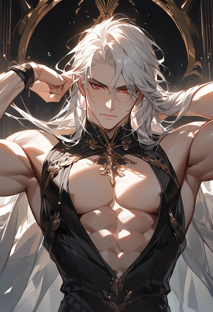Handsome man, white hair, long hair, muscular, tall, sitting on throne, horns, yellow eyes, ear piercings, expressionless, big bulge in pants, black pants, white tshirt, nightfall, dark room
