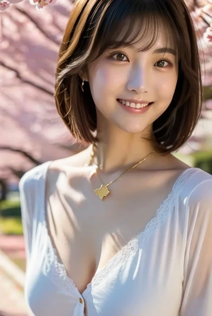 (8K, Raw photo, highest quality, masterpiece:1.5), Super detailed, ultra high resolution, 8k wallpaper, huge file size, (realistic, realistic Photo:1.37), Beautiful girl very knowledgeable, highly detailed face, very fine eyes, very fine skin, very fine fingers, very small nose, Highly detailed detailed mouth, highly detailed background, very detailed costume, perfect ???????, Anatomically perfect hands, (whole body from thighs:1.5), (1 person), 25歳の日本のbeautiful actress, (young face), (perfect body:1.1), pure ?????? face, slender body, slender body shape, The beauty of slim abs, Fair skin, glowing skin, ruddy skin, long and thin legs, light brown delicate soft hair, feminine adult french bob, layer cut, (dull bangs:1.2), natural smile, beautiful teeth, beautiful small face, realistic face, beautiful actress&#39;natural makeup, eyes with long eyelashes, charming brown eyes, Plump and glossy pink lips, My cheeks turned red, necklace, earrings, beautiful and detailed eyes, very fine skin, well-shaped small breasts, Cute little pink areolas, plump ass,
