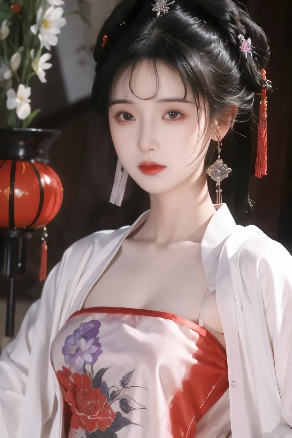 ( masterpiece, Top Quality, best quality, official art, beautiful and aesthetic:1.2), (1 Girl:1.3), flat chest,  extremely detailed,(Fractal Art:1.1),(Flowers:1.3),Highest Detail,(dynamic pose), (background:1.3), (Traditional Chinese purple and white clothing:1.2), (shiny skin) ,(earrings:1.1),