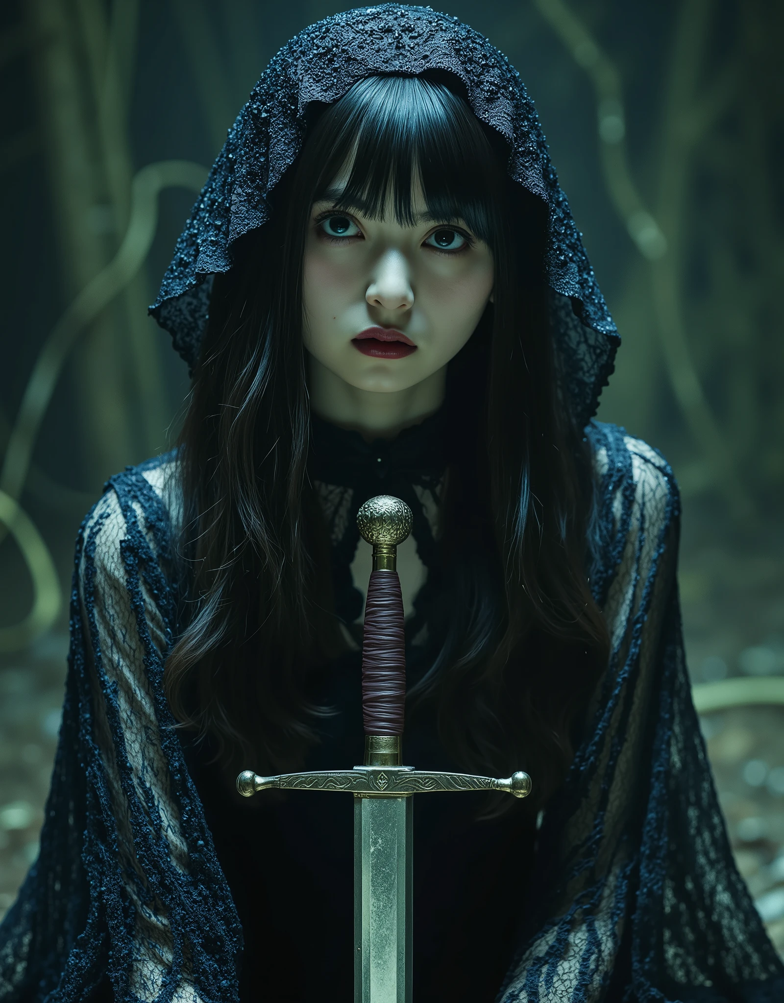 (((Top of the Dark Castle:2.0))),((Night sky with lots of stars twinkling:2.0)),(((Dark horror atmosphere with a gothic feel:2.0))),(((A glamorous shot of a 20-year-old Japanese woman lifting a shiny copper sword with both hands:2.0))),sitting upright ,((Sit and throw your sword to the sky:2.0)),One female ghost,((super cute face:2.0)),(Beautiful well-balanced face :2.0),((long hair with bangs:2.0)),(black hair:1.5),(beautiful eyes:1.5),A glamorous shot of a 20-year-old Japanese woman, Slender Beautiful Body ,((model body type:2.0)),((slim body:1.7)),perfect body line,Ideal Proportions,((big on the floor:2.0)),((スリーサイズ90-58-86:2.0)),((G cup breasts:2.0)),( popup:1.7),((((Underboob:2.0)))),Bare thighs,Sensual Thighs,delicate body,(Glutinous Flesh:1.7),harmonious posture,((Realistic breast depiction :1.7)),Carefully depicting limbs based on perfect anatomy,((super high-leg leotard in the style of the king of darkness with a copper sword:2.0)),((Super High Leg Leotard made of fitted lace:2.0)),((A long embroidered cloak with an open front over a hi-leg leotard:2.0)),(Black lipstick:2.0),((((Coarse mesh fishnet stockings:2.0)))),(((Copper crown:2.0))),concept art,(top quality:2.0),(masterpiece:2.0),((超high definition:2.0)),high definition,UHD,(Delicate Description), carefully drawn with butterfly wings ,32k,((realistic skin texture:1.5)),(((ultra-realistic:1.5))),carefully draw eyelashes,very detailed face,Highly detailed female hand, Sexy appearance ,very sensual,(Blurry Dim Backgrounds :1.5),professional photo shoot,(movie light:2.0),((Rembrandt-style lights:2.0)