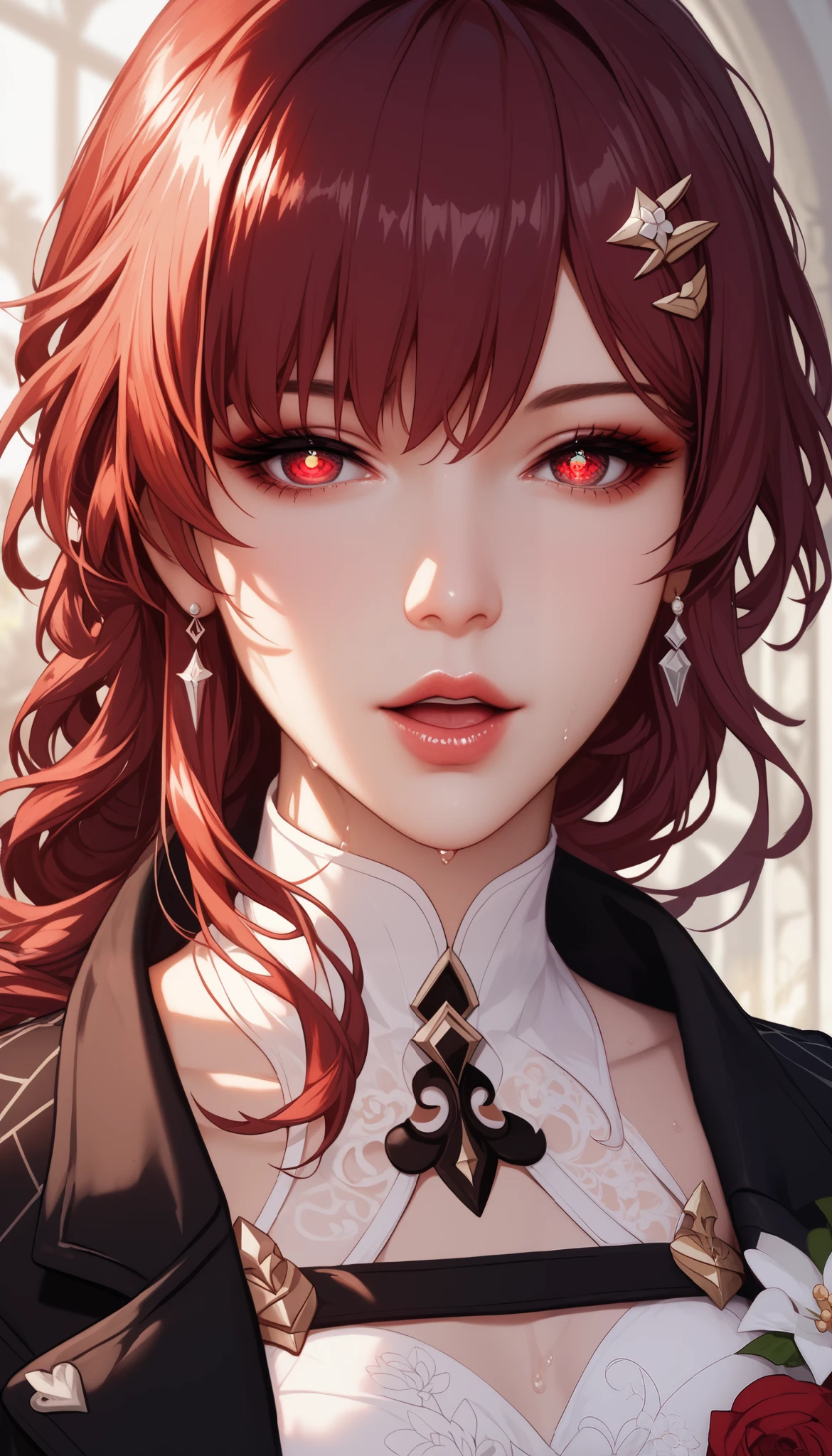 ntr, masterpiece, Adultery, score_9, score_8_up, score_7_up, score_6_superior, source_anime, rating:general, 1 girl, beautiful woman, perfect body, sunburned skin, curvilinear, mature, very small breasts, sweaty, makeup, ( Super Precise Eyes:1.1), Gothic PXL, close one eye, villages with, black coat, viewers, place your hands on your hips,Red Eyes,  shiny skin, clavicle, floral print, upper body, lips,bare shoulder, long hair, hair ornament, Chest,   popular black coat, knitting glasses,  Industrial Park, nail, , hair clip, open your mouth,single knitting glasses, masterpiece, 最high quality, high image quality, newest, ing, zPDXL3, detailxl,  score_PnyReal, burgundy hair,  Kafka \(honkai star rail with the same leg color\), 8k, high quality, wallpaper