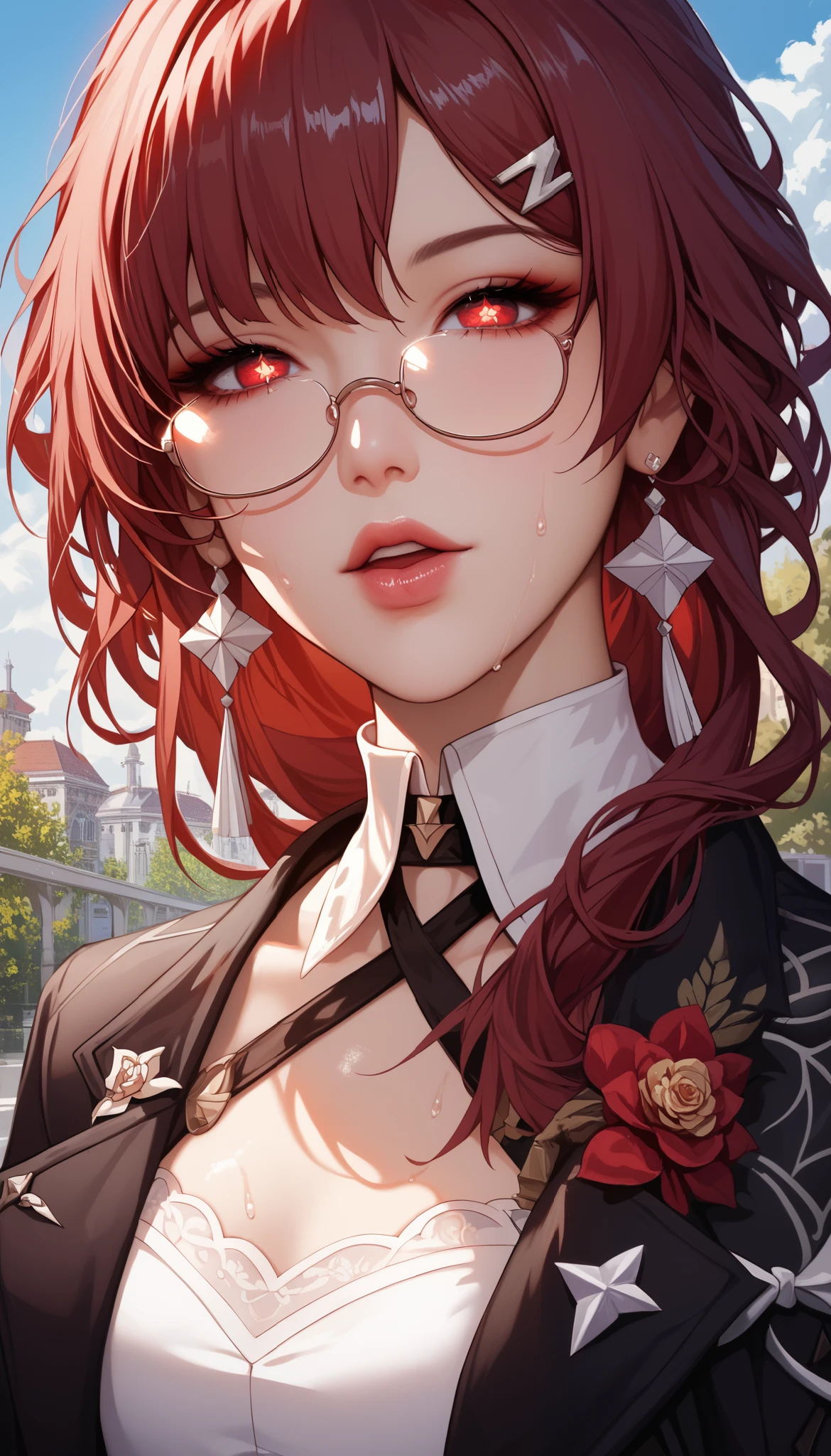 ntr, masterpiece, Adultery, score_9, score_8_up, score_7_up, score_6_superior, source_anime, rating:general, 1 girl, beautiful woman, perfect body, sunburned skin, curvilinear, mature, very small breasts, sweaty, makeup, ( Super Precise Eyes:1.1), Gothic PXL, close one eye, villages with, black coat, viewers, place your hands on your hips,Red Eyes,  shiny skin, clavicle, floral print, upper body, lips,bare shoulder, long hair, hair ornament, Chest,   popular black coat, knitting glasses,  Industrial Park, nail, , hair clip, open your mouth,single knitting glasses, masterpiece, 最high quality, high image quality, newest, ing, zPDXL3, detailxl,  score_PnyReal, burgundy hair,  Kafka \(honkai star rail with the same leg color\), 8k, high quality, wallpaper