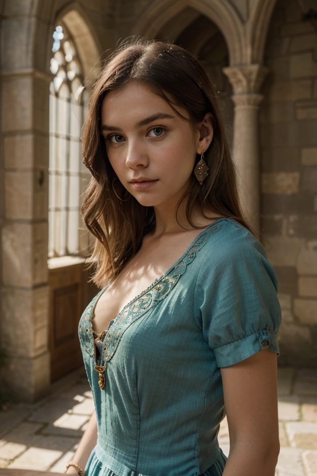 Amazing portrait of the novell character Moiraine Damodred the Aes Sedai, beautiful face and aura, long brown wavy hair, wears amazing blue middle age and victorian clothes and a small blue crystal, on a golden chain on her forehead, breathtaking view to the great town Cairhien as background, daylig