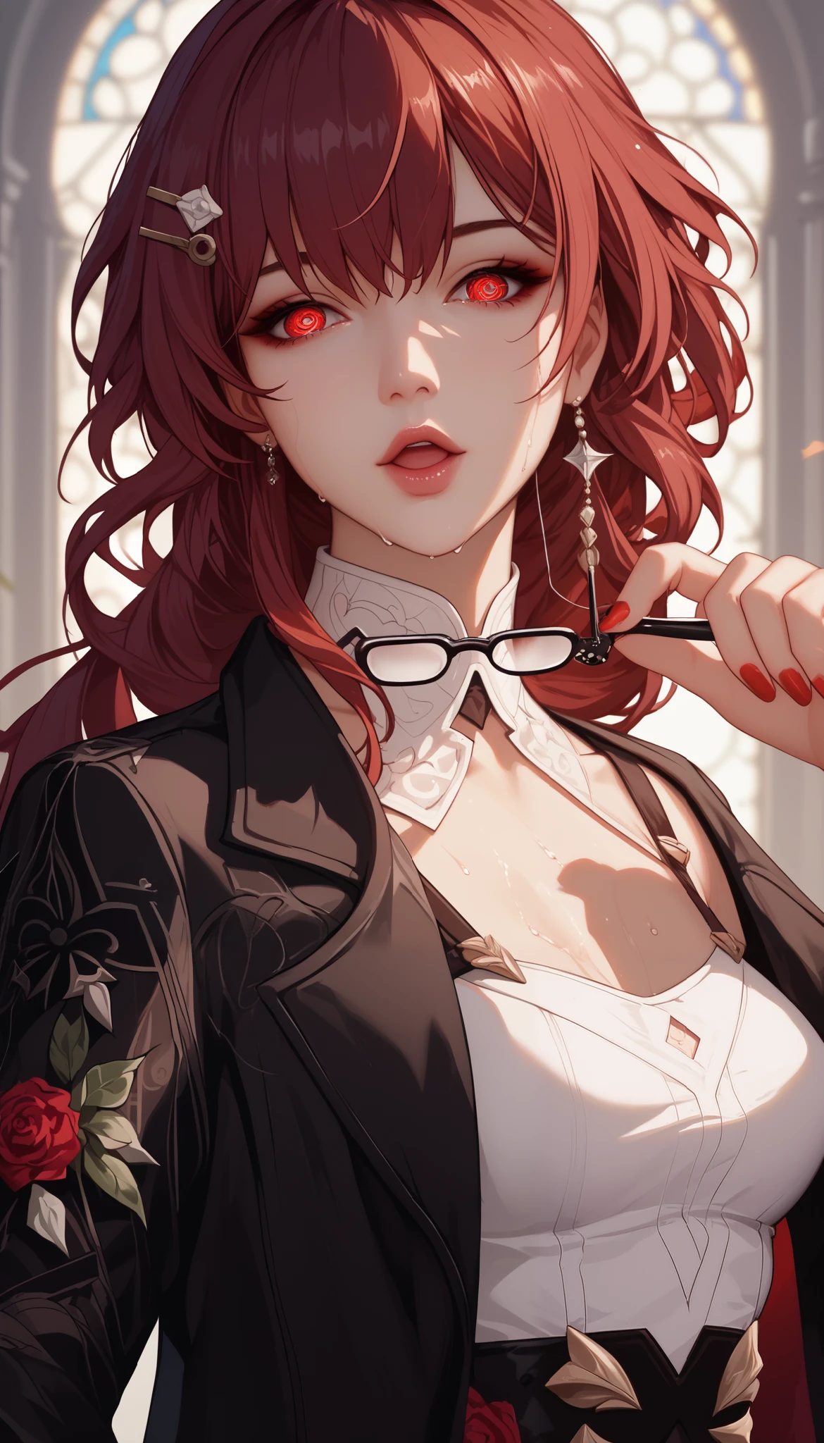 ntr, masterpiece, Adultery, score_9, score_8_up, score_7_up, score_6_superior, source_anime, rating:general, 1 girl, beautiful woman, perfect body, sunburned skin, curvilinear, mature, very small breasts, sweaty, makeup, ( Super Precise Eyes:1.1), Gothic PXL, close one eye, villages with, black coat, viewers, place your hands on your hips,Red Eyes, shiny skin, clavicle, floral print, upper body, lips,bare shoulder, long hair, hair ornament, Chest, popular black coat, knitting glasses, Industrial Park, nail, , hair clip, open your mouth,single knitting glasses, masterpiece, 最high quality, high image quality, newest, ing, zPDXL3, detailxl, score_PnyReal, burgundy hair, Kafka \(honkai star rail with the same leg color\), 8k, high quality, wallpaper