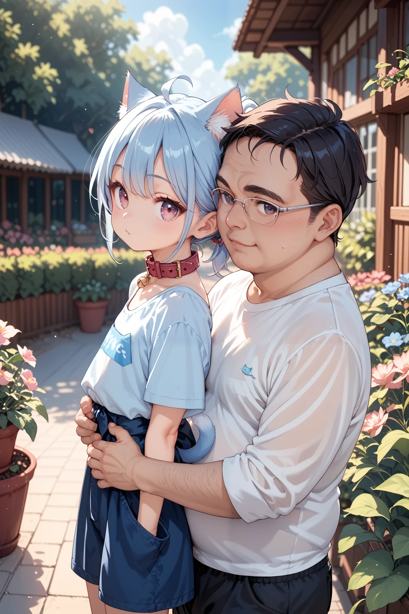 (((Fat man,Uncle,))),garden,blue hair,pink eye,collar,cat ears,cat tails,petite girl,paw pose,from side,((((open eyes)))),supright straddle,closed mouth, arms around waist