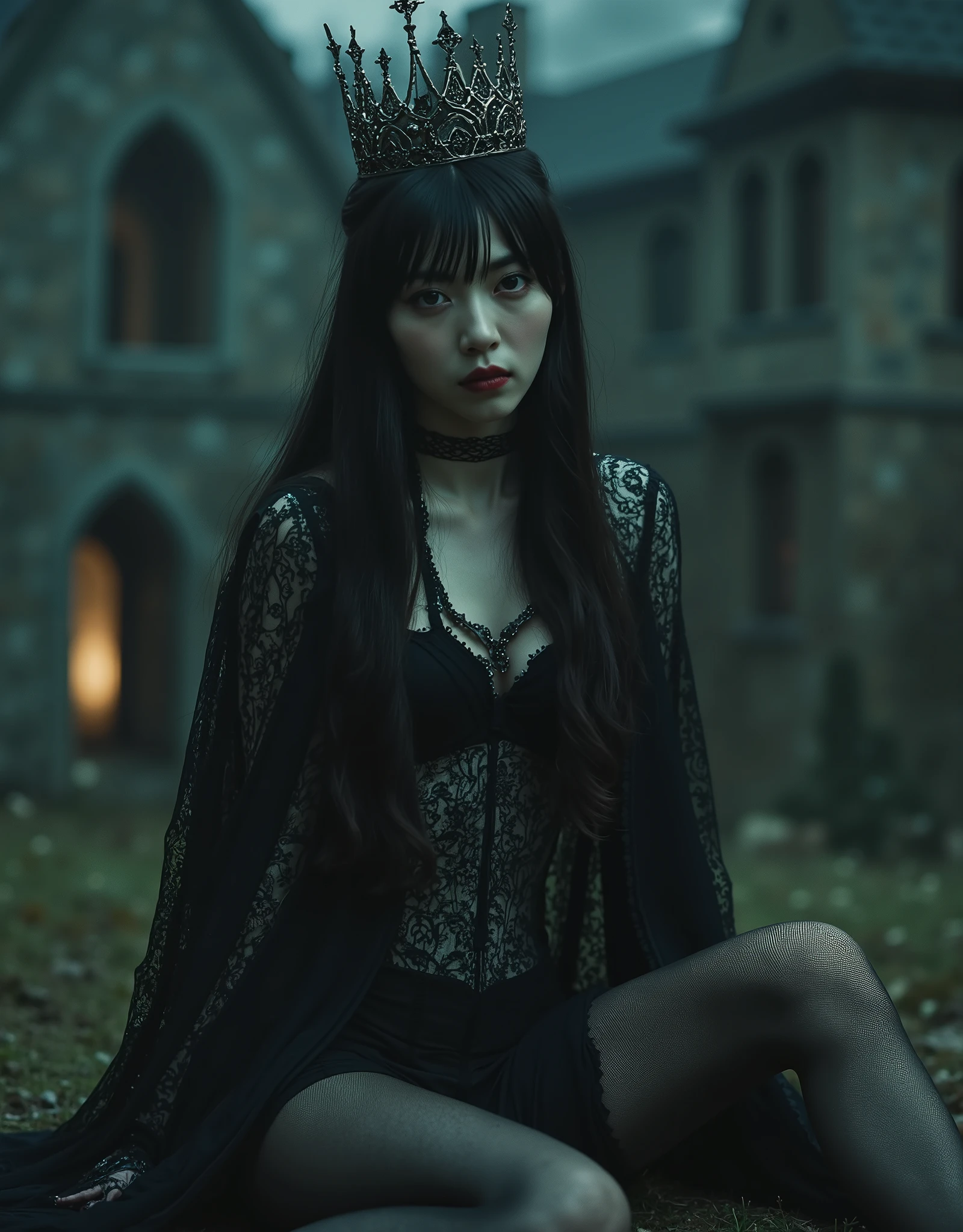 (((Top of the Dark Castle:2.0))),((Night sky with lots of stars twinkling:2.0)),(((Dark horror atmosphere with a gothic feel:2.0))),(((A glamorous shot of a 20-year-old Japanese woman lifting a shiny copper sword with both hands:2.0))),sitting upright ,((Sit and throw your sword to the sky:2.0)),One female ghost,((super cute face:2.0)),(Beautiful well-balanced face :2.0),((long hair with bangs:2.0)),(black hair:1.5),(beautiful eyes:1.5),A glamorous shot of a 20-year-old Japanese woman, Slender Beautiful Body ,((model body type:2.0)),((slim body:1.7)),perfect body line,Ideal Proportions,((big on the floor:2.0)),((スリーサイズ90-58-86:2.0)),((G cup breasts:2.0)),( popup:1.7),((((Underboob:2.0)))),Bare thighs,Sensual Thighs,delicate body,(Glutinous Flesh:1.7),harmonious posture,((Realistic breast depiction :1.7)),Carefully depicting limbs based on perfect anatomy,((super high-leg leotard in the style of the king of darkness with a copper sword:2.0)),((Super High Leg Leotard made of fitted lace:2.0)),((A long embroidered cloak with an open front over a hi-leg leotard:2.0)),(Black lipstick:2.0),((((Coarse mesh fishnet stockings:2.0)))),(((Copper crown:2.0))),concept art,(top quality:2.0),(masterpiece:2.0),((超high definition:2.0)),high definition,UHD,(Delicate Description), carefully drawn with butterfly wings ,32k,((realistic skin texture:1.5)),(((ultra-realistic:1.5))),carefully draw eyelashes,very detailed face,Highly detailed female hand, Sexy appearance ,very sensual,(Blurry Dim Backgrounds :1.5),professional photo shoot,(movie light:2.0),((Rembrandt-style lights:2.0)