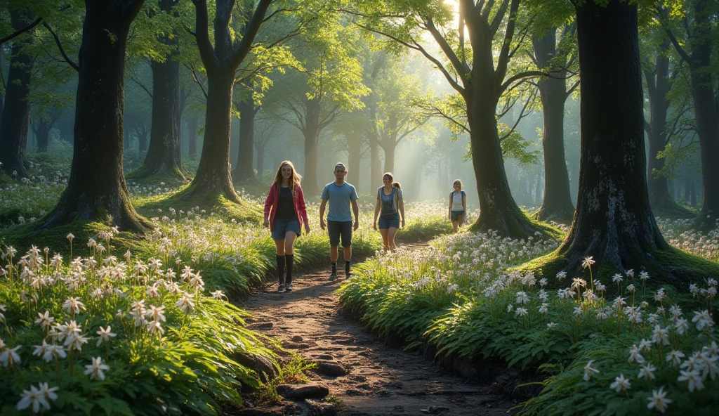 a teen boy and a girl walking through a forest road, detailed face, beautiful eyes, cute expression, detailed clothing, forest scenery, sunlight filtering through trees, lush greenery, (best quality,4k,8k,highres,masterpiece:1.2),ultra-detailed,(realistic,photorealistic,photo-realistic:1.37),dramatic lighting,vibrant colors,warm tones