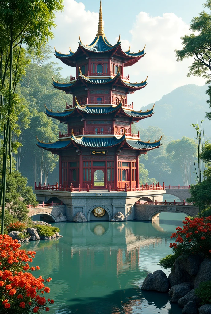 Hangzhou pagoda with ancient Chinese aesthetics,It is surrounded by ancient buildings and temples in the Chinese style,Composed of trees and landscapes,panoramic views and soft light。Chinese landscape,Chinese watercolor style,(Beautiful rendering of the Tang Dynasty+beautiful detailed background:1.3),Floating palace,(Pageant rendering+3D rendering style:0.8),3D stylized scenes,(beautiful landscape rendering+Chinese painting style:0.9),Stylized digital illustration,Camera effects。