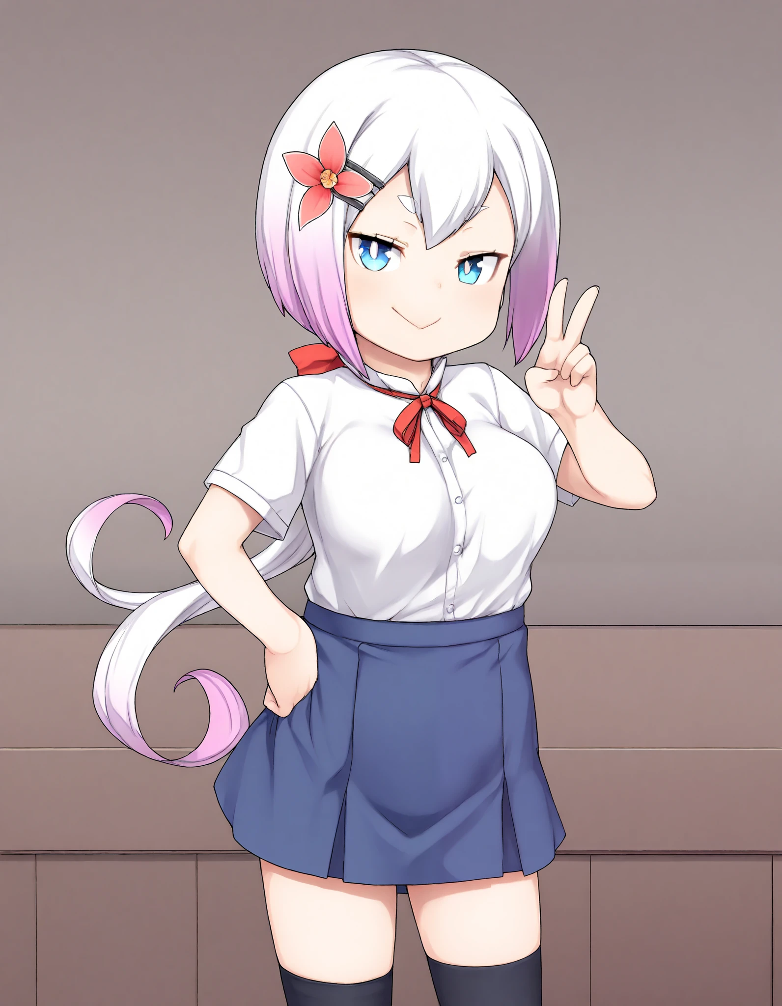 v1num, , :>, 1girl, hair ornament, gradient hair, flower, large breasts, multicolored hair, white hair, long hair, blue skirt, white shirt, thighhighs, blue eyes,
Room, standing, looking at viewer,
masterpiece, best quality,amazing quality, very aesthetic, absurdres, extremely detailed face, detailed eyes,   
