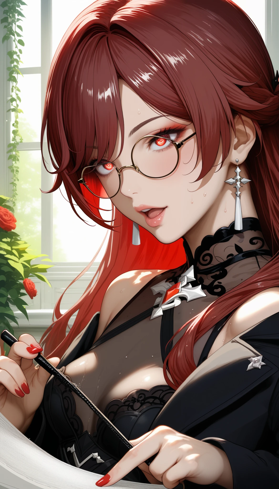 ntr, masterpiece, Adultery, score_9, score_8_up, score_7_up, score_6_superior, source_anime, rating:general, 1 girl, beautiful woman, perfect body, sunburned skin, curvilinear, mature, very small breasts, sweaty, makeup, ( Super Precise Eyes:1.1), Gothic PXL, close one eye, villages with, black coat, viewers, place your hands on your hips,Red Eyes,  shiny skin, clavicle, floral print, upper body, lips,bare shoulder, long hair, hair ornament, Chest,   popular black coat, knitting glasses,  Industrial Park, nail, , hair clip, open your mouth,single knitting glasses, masterpiece, 最high quality, high image quality, newest, ing, zPDXL3, detailxl,  score_PnyReal, burgundy hair,  Kafka \(honkai star rail with the same leg color\), 8k, high quality, wallpaper