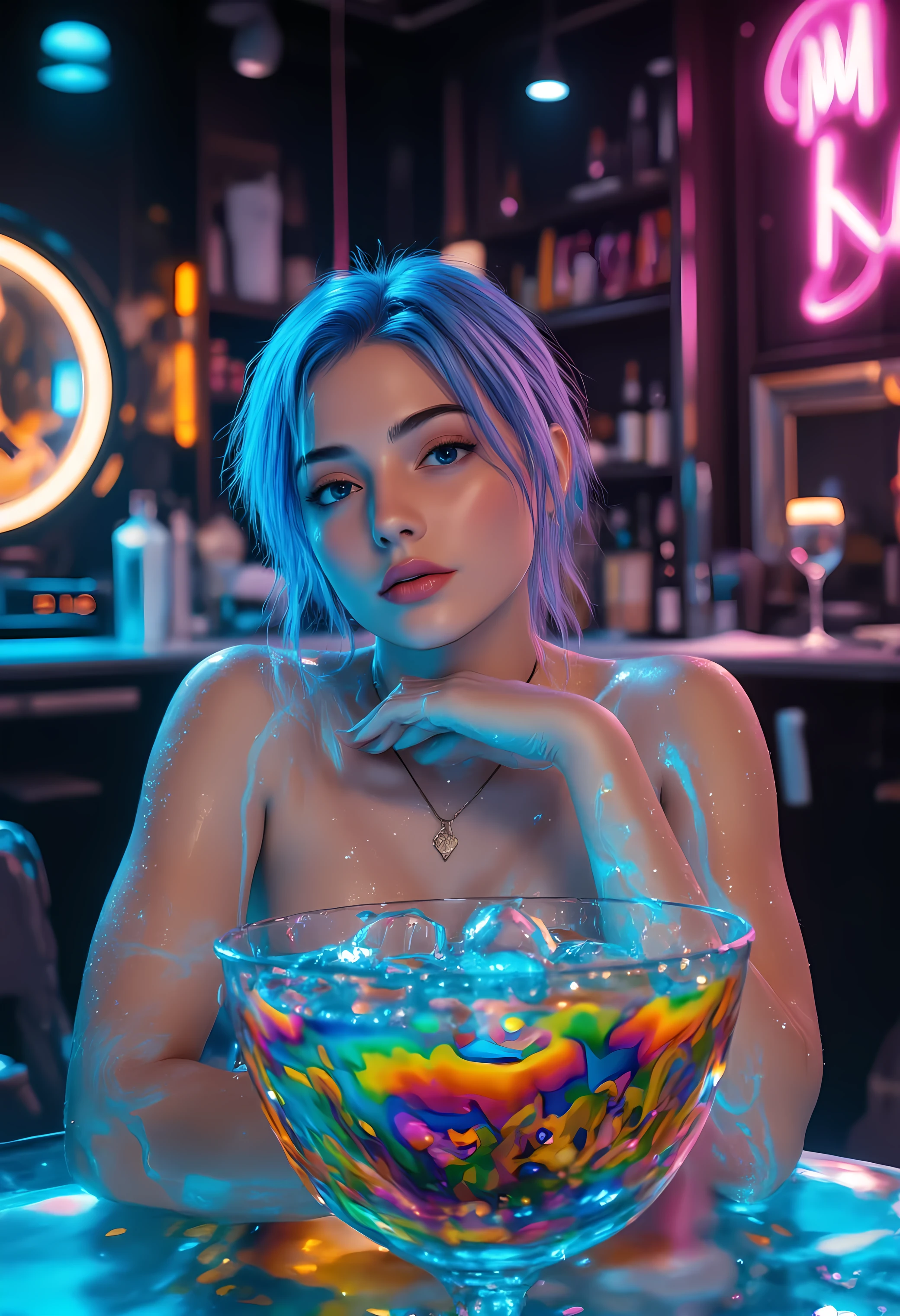 uncensored, (high quality:1.2), (best quality:1.2), ultra-detailed, realistic, dynamic shot, amazing quality, very aesthetic, absurdres, volumetric lighting, glitter, cowboy shot, realistic,
A beautifull girl , slim, solo, large perky breast focus, nude, pubic hair, choker, looking away, lounging, in_glass, mini person, inside a cocktail glass, feet, in food, partially submerged, sitting, ice cubes, peaceful, triangle pubic hair, short hair, blue hair, spiked hair, transparent, see-through, arms on the glass rim, rainbow colors, vibrant colors, wet, glossy