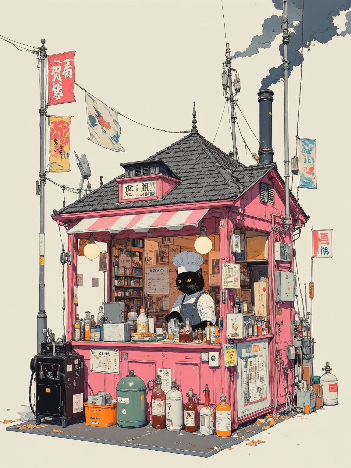 A small stall resembling a tiny house about the size of one tatami mat, featuring a slim black cat chef wearing a chef’s hat. The stall has pink accents, a tiled roof, a small chimney emitting smoke, numerous flags, lanterns, signs, a menu board, and a counter. The atmosphere is eclectic with empty bottles, jars of jam, spices, an antique black telephone, gas cylinders, a register, candles, and retro-futuristic elements. The artwork is conceptually fantastical and dreamlike, rendered in ultra-detailed precision with colorful futuristic tones and a touch of steampunk aesthetics.