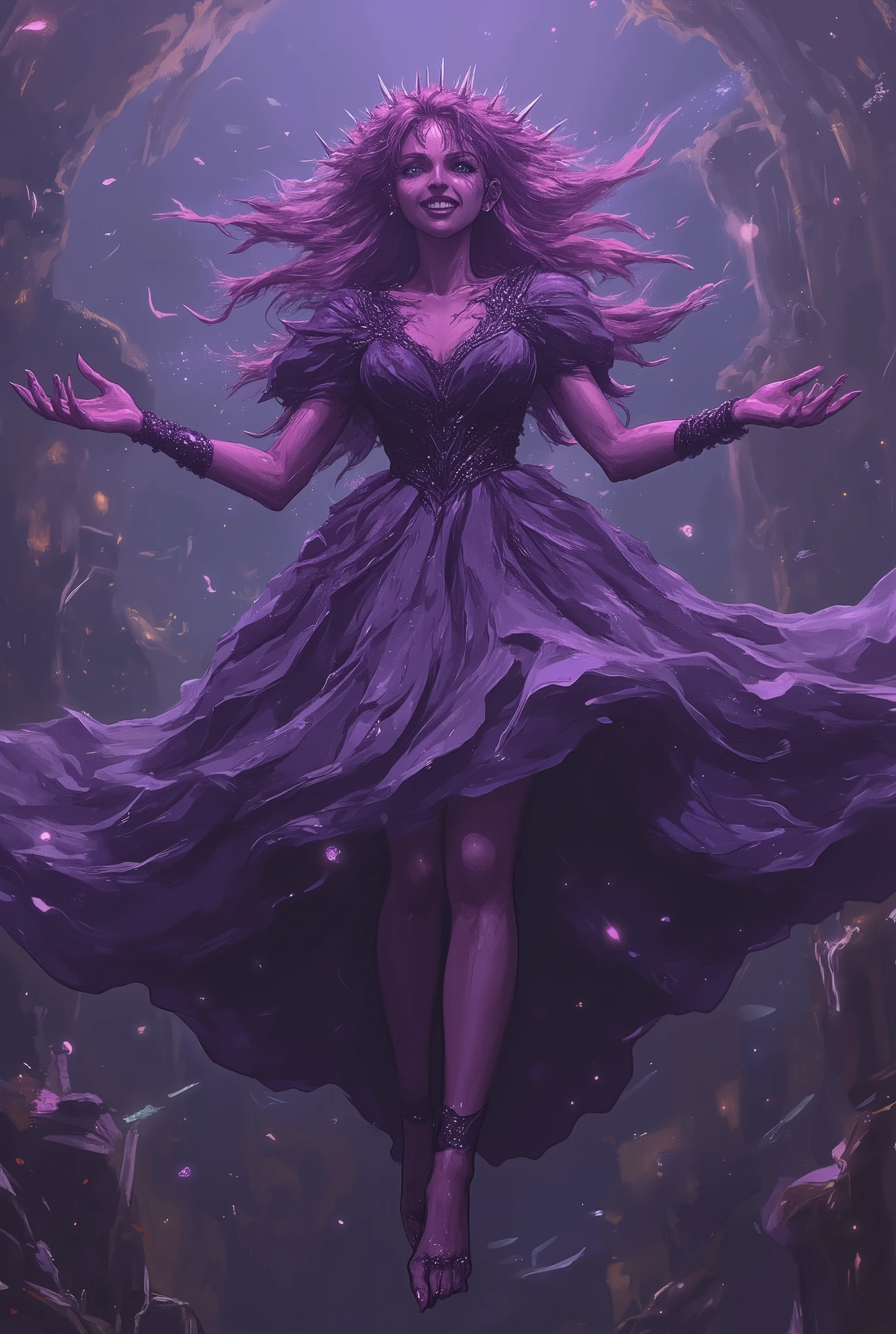 Ghost, (monster girl), purple skin, spikes, spiky purple hair, a fanged grin, floating hands, dressed in a dark-purple dress, floating in midair, masterpiece, best quality