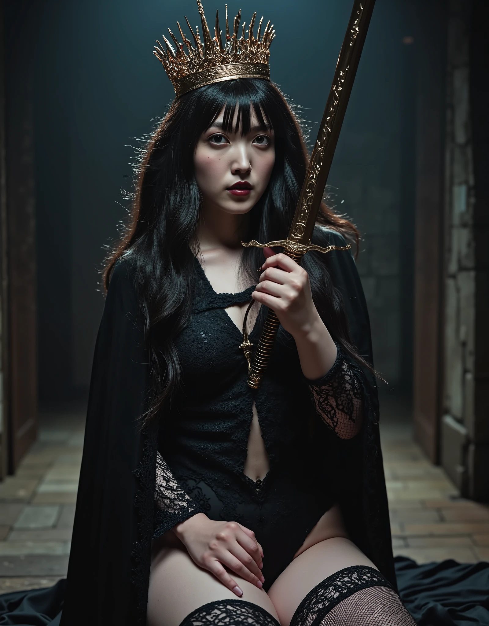 (((Top of the Dark Castle:2.0))),((Night sky with lots of stars twinkling:2.0)),(((Dark horror atmosphere with a gothic feel:2.0))),(((A glamorous shot of a 20-year-old Japanese woman lifting a shiny copper sword with both hands:2.0))),sitting upright ,((Sit and throw your sword to the sky:2.0)),One female ghost,((super cute face:2.0)),(Beautiful well-balanced face :2.0),((long hair with bangs:2.0)),(black hair:1.5),(beautiful eyes:1.5),A glamorous shot of a 20-year-old Japanese woman, Slender Beautiful Body ,((model body type:2.0)),((slim body:1.7)),perfect body line,Ideal Proportions,((big on the floor:2.0)),((スリーサイズ90-58-86:2.0)),((G cup breasts:2.0)),( popup:1.7),((((Underboob:2.0)))),Bare thighs,Sensual Thighs,delicate body,(Glutinous Flesh:1.7),harmonious posture,((Realistic breast depiction :1.7)),Carefully depicting limbs based on perfect anatomy,((super high-leg leotard in the style of the king of darkness with a copper sword:2.0)),((Super High Leg Leotard made of fitted lace:2.0)),((A long embroidered cloak with an open front over a hi-leg leotard:2.0)),(Black lipstick:2.0),((((Coarse mesh fishnet stockings:2.0)))),(((Copper crown:2.0))),concept art,(top quality:2.0),(masterpiece:2.0),((超high definition:2.0)),high definition,UHD,(Delicate Description), carefully drawn with butterfly wings ,32k,((Realistic Skin Texture:1.5)),(((ultra-realistic:1.5))),carefully draw eyelashes,very detailed face,Highly detailed female hand, Sexy appearance ,very sensual,(Blurry Dim Backgrounds :1.5),professional photo shoot,(movie light:2.0),((Rembrandt-style lights:2.0)
