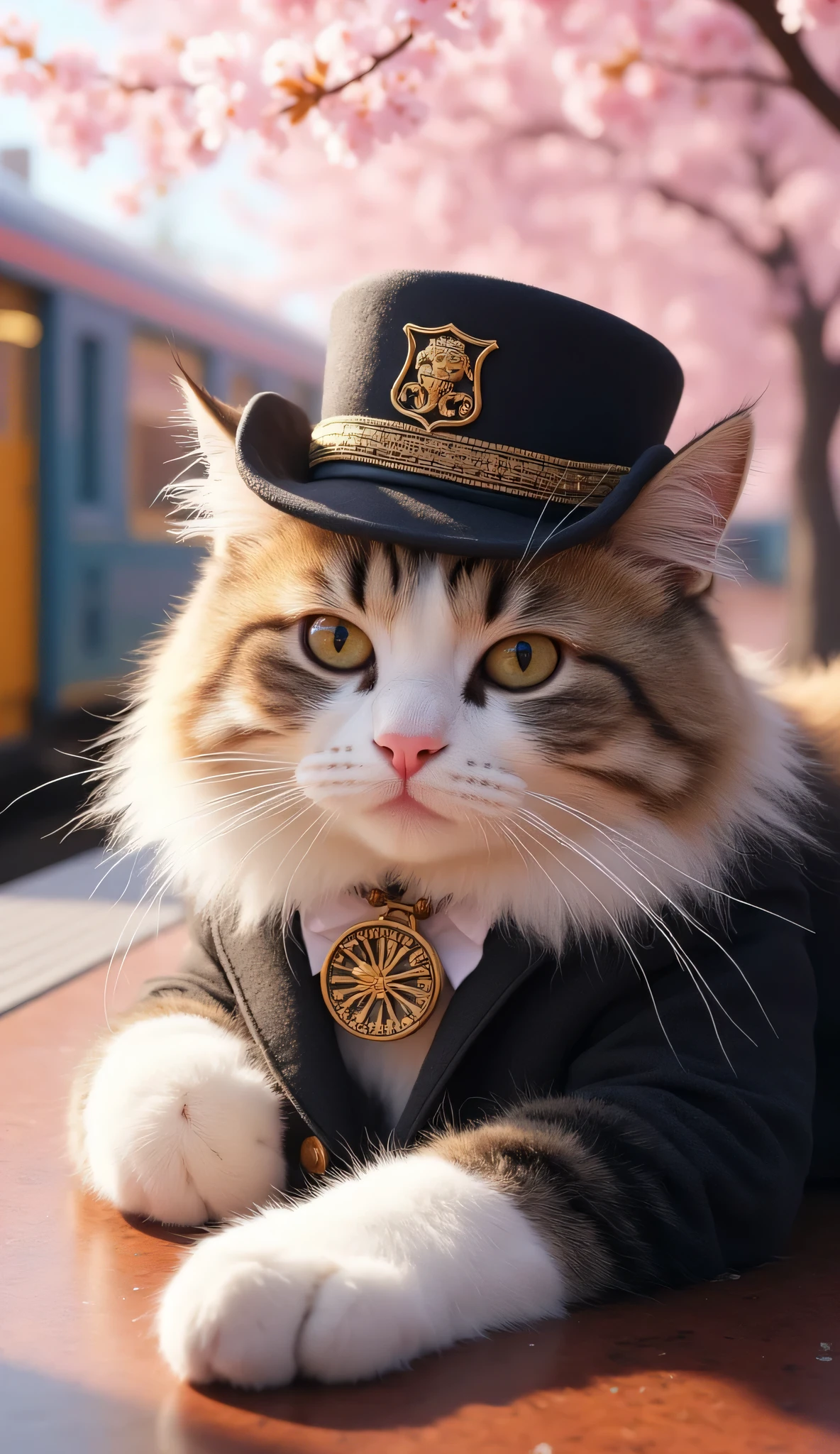 ((station attendant cat、train hat、train ticket、background train、Background station 、cat station attendant、wearing a suit)),Cat Railroader is a realistic image of a fluffy white and brown cat wearing a railroader's hat and a black bowler hat with gold accents lying down in a brightly lit room. The cat is looking directly at the viewer with one eye and appears calm and curious. The focus is entirely on the animal, there are no humans in the scene.Cherry blossoms in the background、