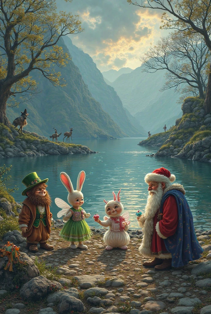 masterpiece, Best quality, Santa Claus&#39;s gnomes sit on a bench and eat ice cream, summer, Floating in the sky, Close-up, bright, happy, warm soft lighting, sunset