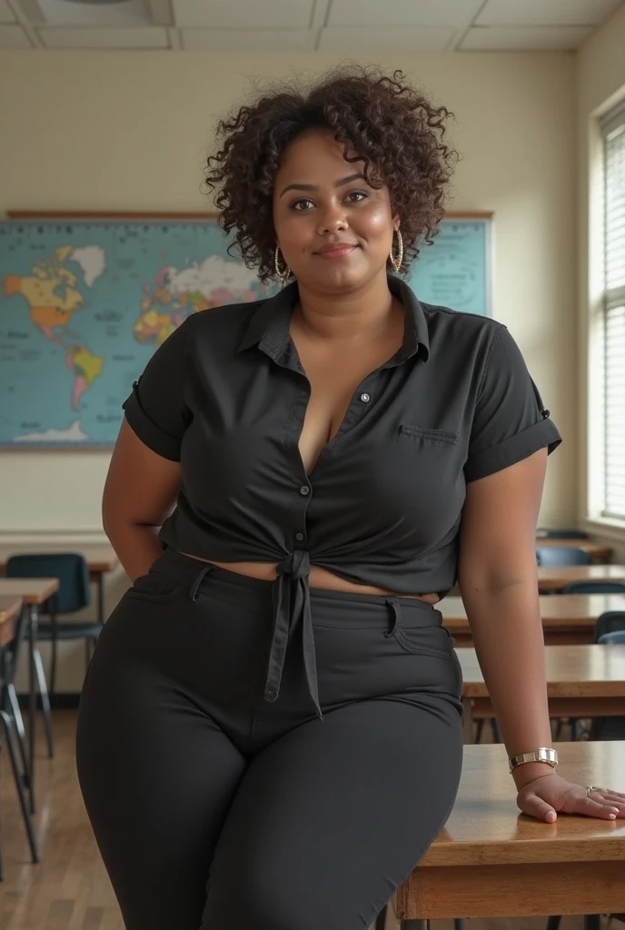 Realistic photo of nude big breasted black woman in a classroom