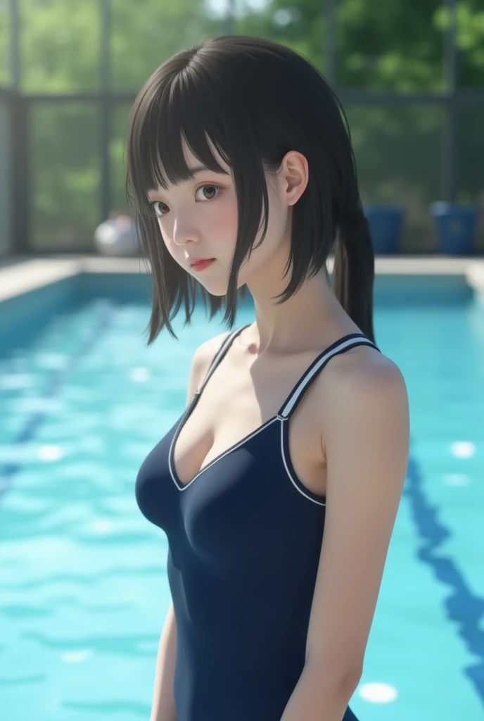 1girl in、Formal-up、beautiful detailed eyes and face、pretty skin、a very cute、22year old、School swim wear(darkblue、Simple design、Matte texture、Wrinkle、Polyester material、Nero、shadings、)Wet body、Anime Face、Beautie、Facing the front、big eye(Beautiful fece、Anime Face、Clear eyes、Fine details、Beautiful eyes)Well-formed face(Beautiful nasal muscles、Perplexed、sharp mouth)full of sweat、sodden、Wet feeling、Background with(sunny sky、takeout)、8K picture quality、perfectly proportions、A slender、red blush、female focus on, hair adornments,length hair, Look at viewers,(((New School Swimsuit)))