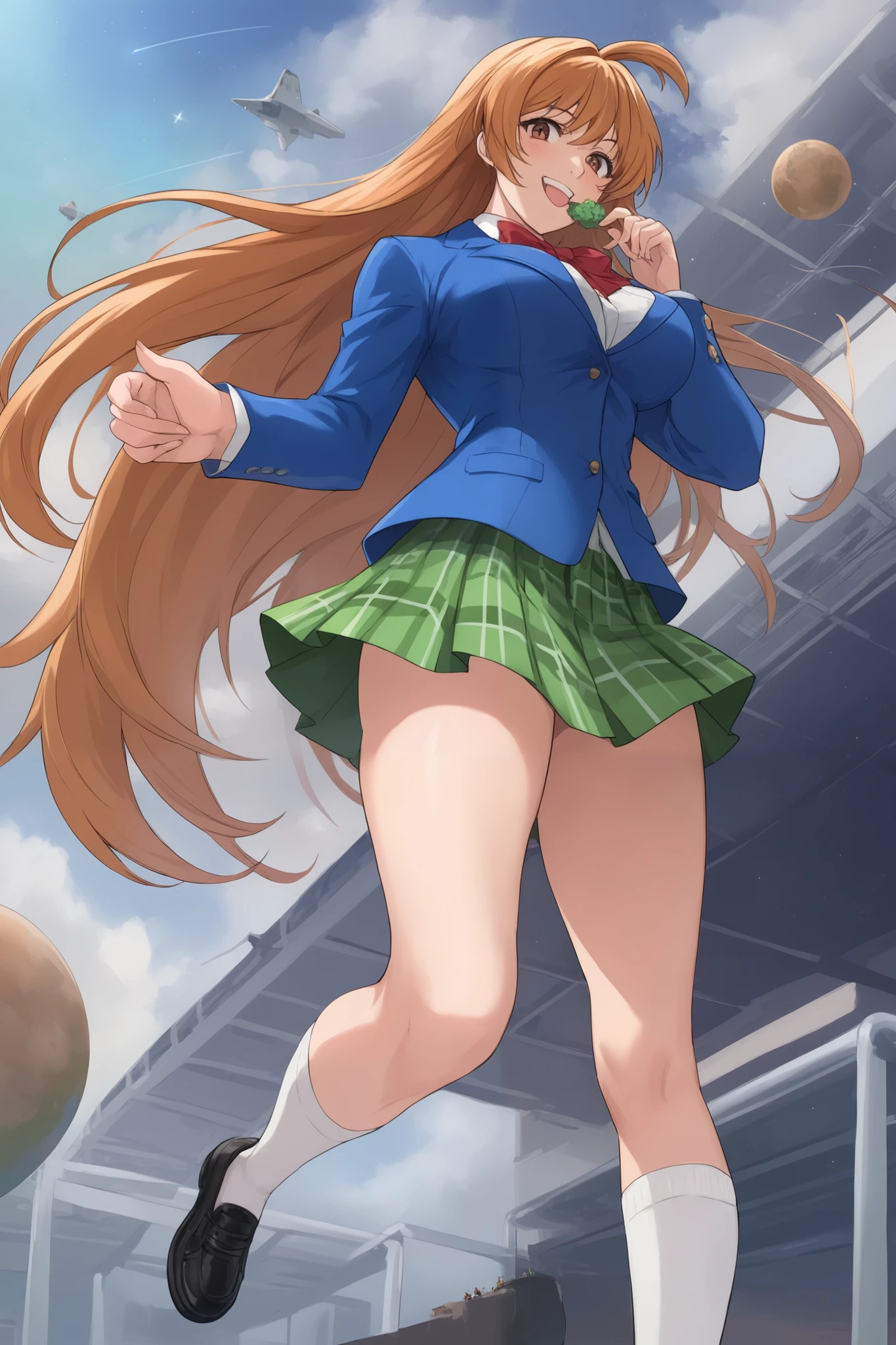 best quality,masterpiece,looking at viewer,absurdres,1girl,score_9,score_8_up,score_7_up,source_anime BREAK natsume aya,orange hair,long hair,brown eyes,ahoge,breasts,white ,skirt,bow,plaid,large breasts,jacket, plaid, green plaid skirt, blue blazer, evil smile, white socks, black shoes, standing, space, planets, giga giantess, front below, standing, eating planet