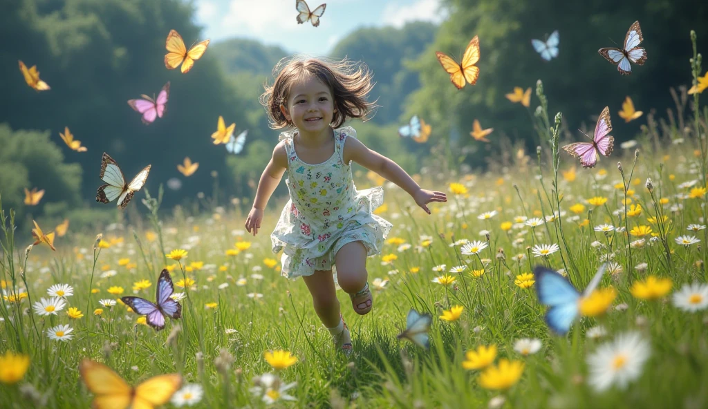 Girl in the forest running, braid, smiley, Futurism, Futurism, panorama, Ultra-Wide Angle, masterpiece, textured skin