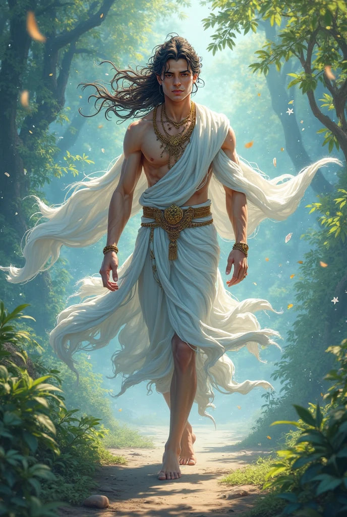lord krishna in White clothes in peacock tail in Head and normal skin, standing position