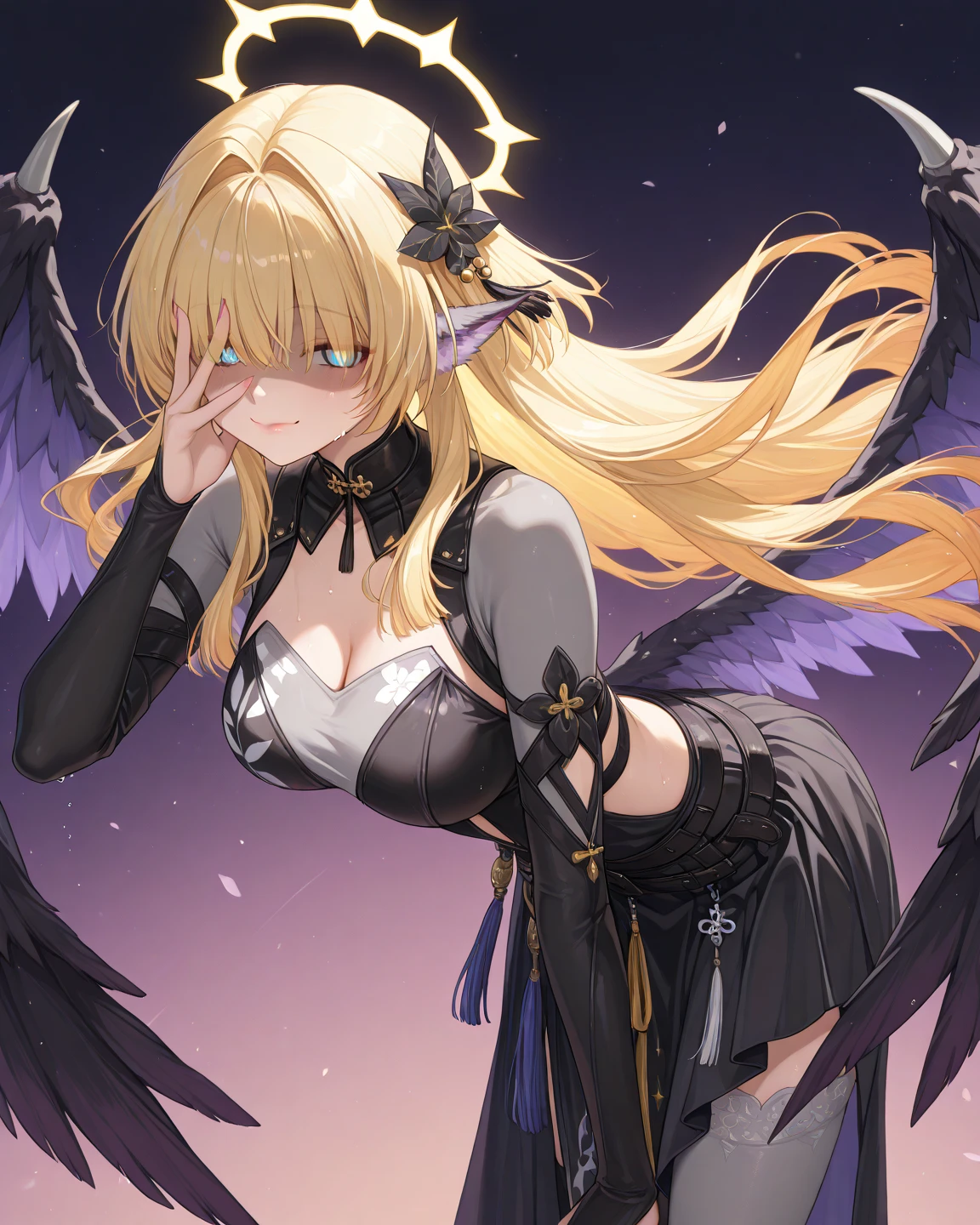 (masterpiece), best quality, expressive eyes, perfect face,fischl_(genshin impact),(magical girl costume:1.5),(layered skirt),(raven wings:1.3),big breasts,(sparkles:0.9),(glitters:0.9),blonde hair,dark castle,garter belt,thighhigh heel boots,middle hair,side ponytail,cleavage,looking at viewer,light smile, eyeshadows,eye liner,glistening eyes, hyper detailed eyes, intricate eyes, beautiful eye,(heterochormia,green eyes,red eyes)、standing,head tilt,sexy pose,smiles,(female focus),flying towards viewer,purple lightning covering the sky
