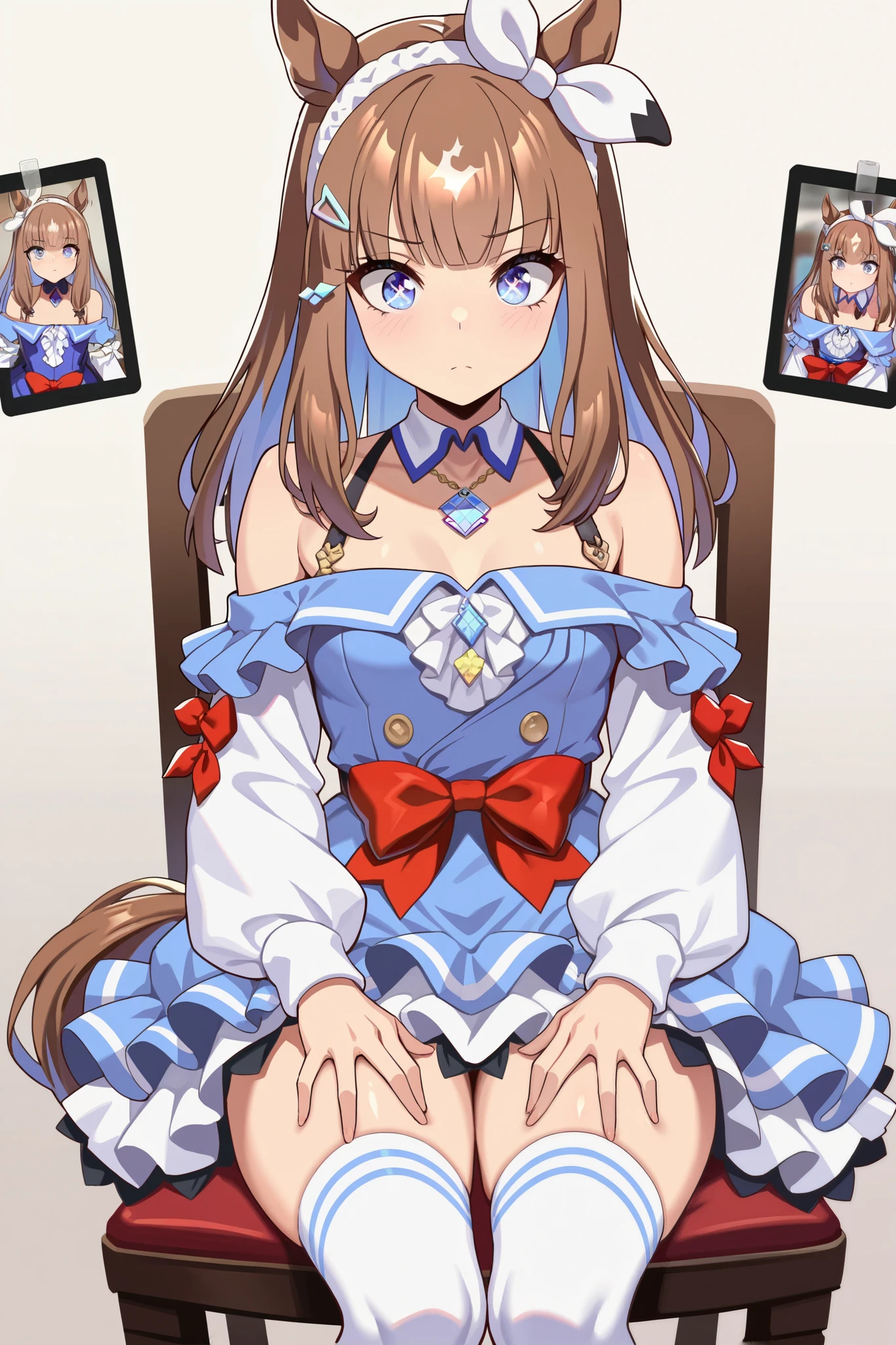 (masterpiece, ultra high definition, 16k, RAW photo, complicated), (sharp concentration, vivid details), Wide range of colors, Brilliant Details, noise reduction, 1 girl , ((almond eye \( Uma Musume\)), ward, sitting on a chair, place your hands on your thighs, Official Costumes, motion line, Motion Effects, (cowboy shooting from 16318), blue eyes, X-shaped pupil, Sparkling Eyes, hair band , (red ribbon:2), blue dress, detach sleeve, frills, bare shoulder, medium chest, bow, Layered Skirt, horse tail, white thigh high socks, necklace, ( very thin thighs), simple background, blur background, nsfw