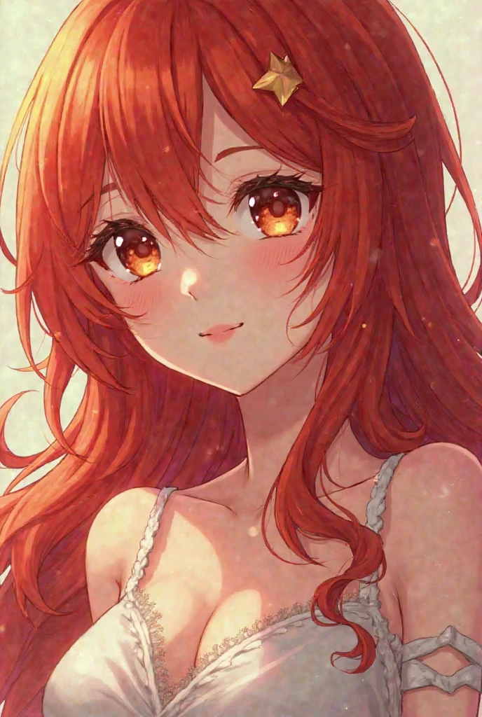 a woman about 2. She has orange hair long, sparkling golden brown eyes, and wears a wine red off-the-shoulder evening gown.  anime characters