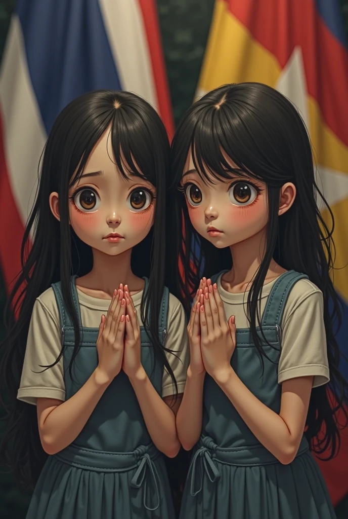 GIRLS CHILDREN, WITH VERY LONG STRAIGHT DARK HAIR PRAYING, BLACK FUR COAT., PETROLEUM BLUE BACKGROUND.