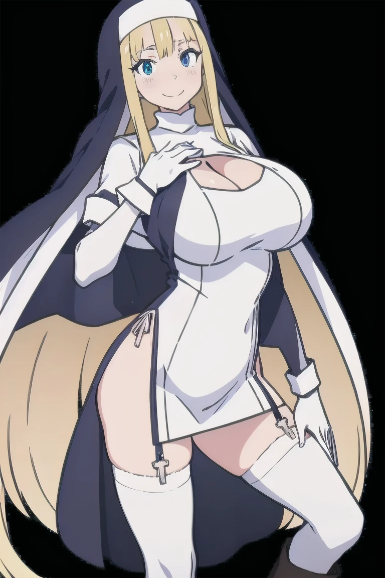 masterpiece,1girl, blonde hair, blue eyes, breasts, fishnet legwear, fishnets, full body, garter belt, garter straps, habit, halberd, high heels, highleg, holding, holding weapon, jewelry, large breasts, long hair, looking at viewer, nun, polearm, simple background, solo, spear, thighhighs, very long hair, weapon, white background